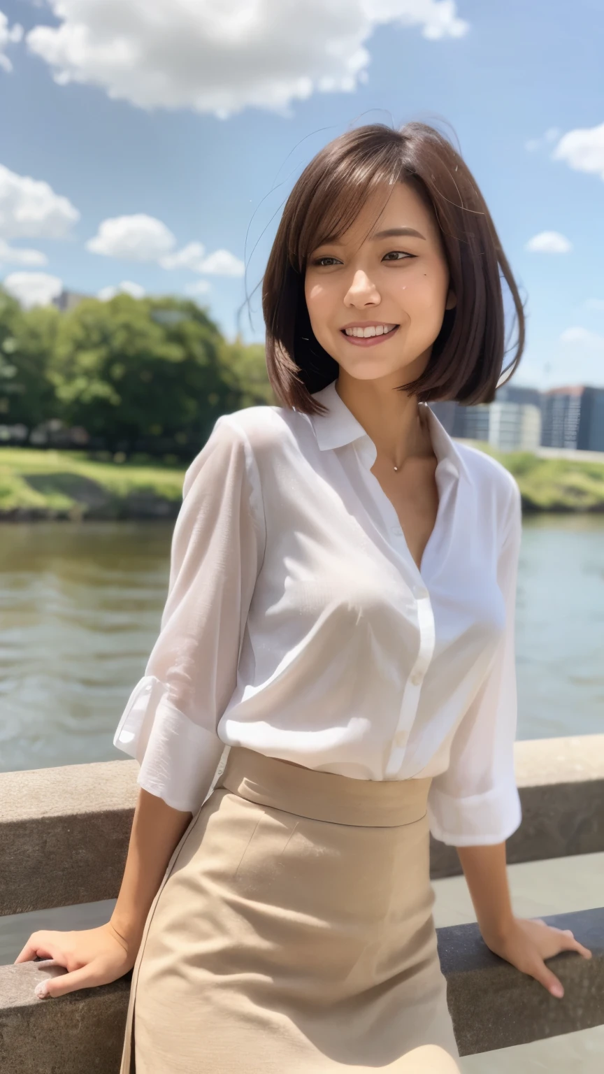 NSFW, ((Top Quality)), ((8K)), ((Masterpiece: 1.3)), (Perfect Appearance), (Photorealism: 1.6), (Japanese woman walking along the bank), (outdoors), (A bank along the river with a nice view: 1.4), (Bask in the evening sun from the side), japanese woman, hideko_face, (28 years old), married woman, ((realistic skin texture)), (fine lines all over the skin: 1.0), dullness, lack of moisture, wrinkles on the face, wrinkles at the corners of the eyes, (double eyelids: 1.0), crying moles, Her lips are thinly parted, the corners of her mouth are raised in a gentle smile, dimples, short bangs, short hair, soft fabric blouse, wide sleeves, Cuffs that fit your wrist, (The hem of the blouse is tucked into the skirt: 1.2), flare skirt, high heels, small breasts, small nipples, (whole body), low angle