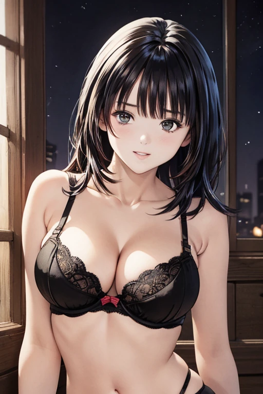 (8K、top-quality、​masterpiece:1.2)、(realisitic、ultra-detailliert、超A high resolution,,beautifull detailed face,perfect body,((nighttime)),perfect lighting,Constriction、Beautiful detailed skin、Skin Texture,(1giri,black hair,large breast,model pose),bra,panty,seductive smile:0.8