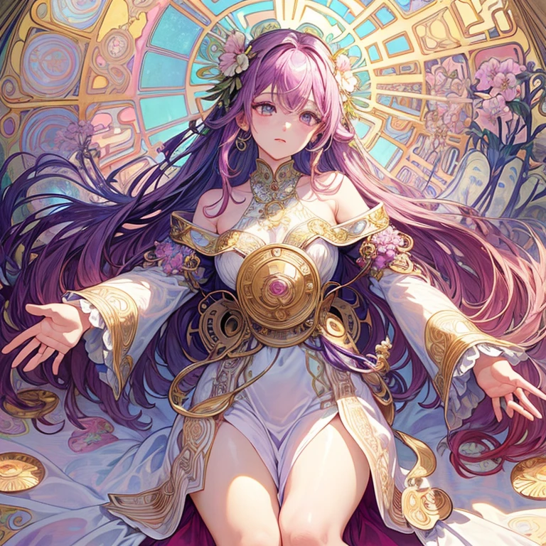 1 beauty、(masterpiece、highest quality、highest quality、beautifully、aesthetic:1.2)、Round Picture Frame、Rainbow-colored、Shining jewelry hair ornament、Flowers in full bloom、Jewelry made with attention to detail、dynamic、Elegant woman concept、(((Alphonse Mucha)))、Glowing purple eyes、Colorful Hair、Fluttering petals、Gradation、Very detailed, Unreal Engine, wonderful, Intricate details, Splash screen, Complementary Color, 8k resolution, 逸脱のmasterpiece、Pink Hair、Fluttering Hair、snow、The Story of Camellia、red