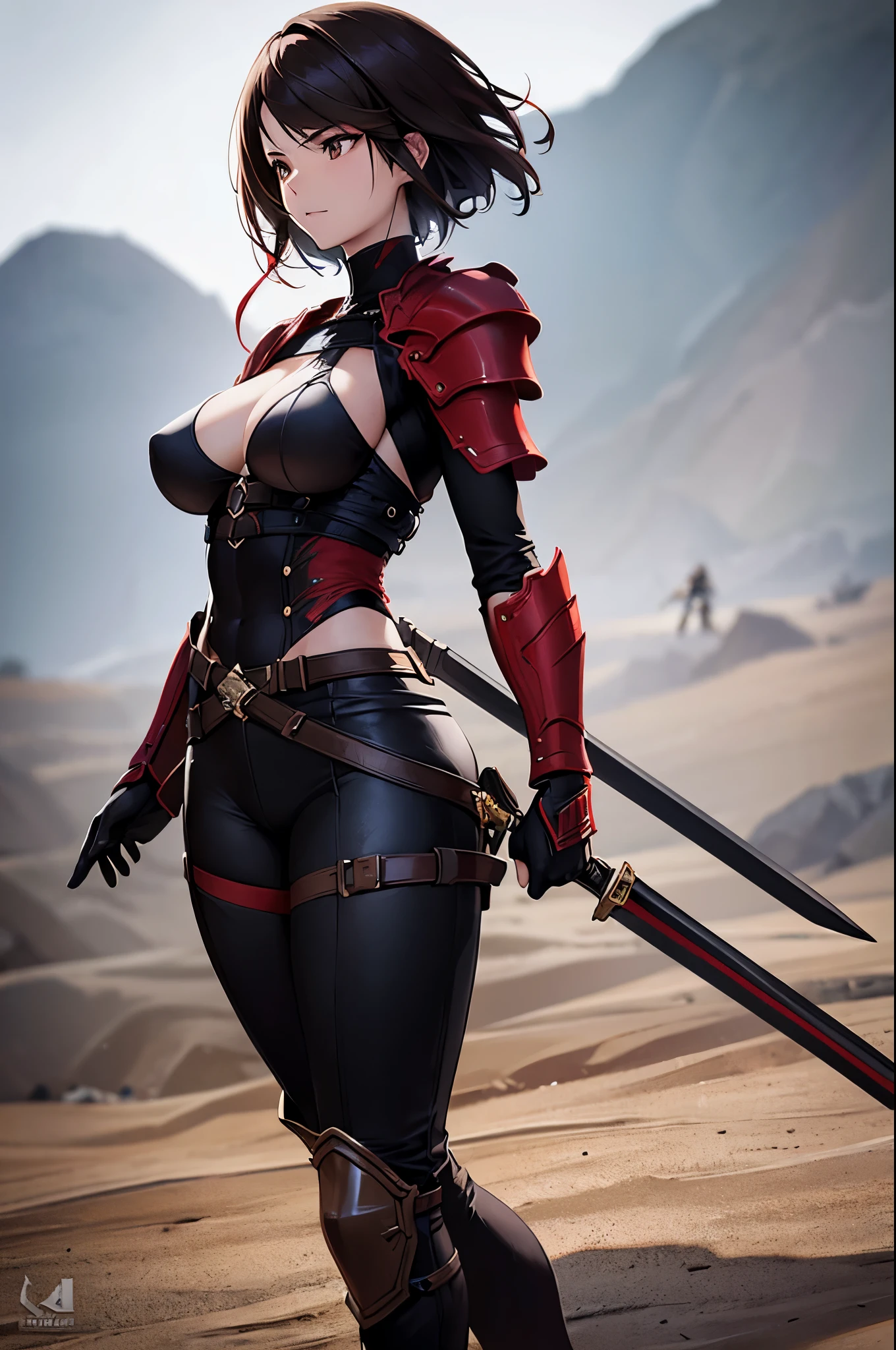 8k,Barren Land,女性adventure者の衣装,Traveling through the dusty wilderness,Light brown short hair,so beautifulな日本の女性, Red and black large chest armor,so beautiful(Like the real thing),Stainless steel and black shoulder armor for the left shoulder,red and black combat pants,sexy,DeviantArt Artstation CGScosiety, 3DレンダリングCharacter Art8 K, Alena Aenami and Artgerm, Wojtek Fass, Artstation 8k Trends, Art Station HD Trending, Ultra-realistic rendering of adventure, Perfect body with realistic shading, Photorealistic perfect body, Ultra-high resolution,high quality,sexy,Brown short hair,Strongly defined abdominal muscles,Muscular and slim body,Muscular and lean lower body,close,masterpiece,最high qualityのフォトリアリスティックなRAW写真。Bright colors,Rich colors, Backlight, Cinema Lighting, Film Grain, to be born, 50mm lens, Nikon D850,Realistic Skin,Fantasy art,Character Art,Sharp Eyes,adventure,He has a long and big Japanese sword.,brown combat jacket,red and black gauntlets,Battle Scenes,Dynamic pose,Action pose,shout,big breasts,Close-up,