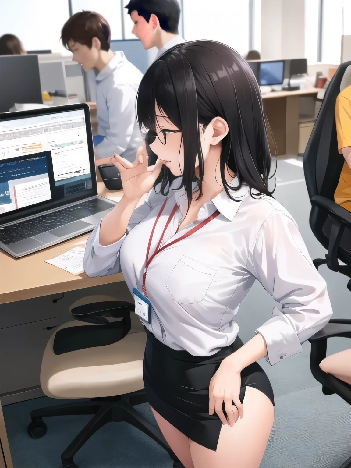 Chubby thic fat bbw Nature wife, black hair, Brown eyes, wearing black pants and pink blouse, in the meeting room, desktop with papers and laptop, talking with co-workers, drinking coffee, 4 man watching, view from the side