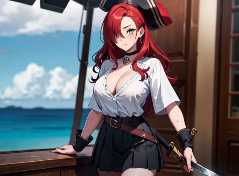 ((masterpiece, best quality, high resolution, UHD, pixel perfect, depth of field, 8k, RTX, HDR)), 1 girl, girl stile anime, cowboy shot, BREAK, very long hair, curly hair red hair, lock of hair covering one eye, green eyes, well defined eyes, high definition eyes, eyelashes and black shadow under the eyes, high gloss eyes, looking at the viewer, tricorn with a feather cap, pirate clothes, wearing pirate gun belt, wearing a red pleated miniskirt, miniskirt fluttering in the wind, black panties, wearing a white t-shirt, with a pronounced neckline, with tatto of skull in the arm, BREAK, oily skin, with a lot of sweat on the body, perfect anatomy, cleavage, neckline,( big teats 1.7), blouse with white ruffles, with a neckline, with black boots, up to the knees, BREAK, wearing a black choker, standing facing viewer, holding a pirate sword, ((with a sword in his hand)), on a pirate ship with the sea in the background. 