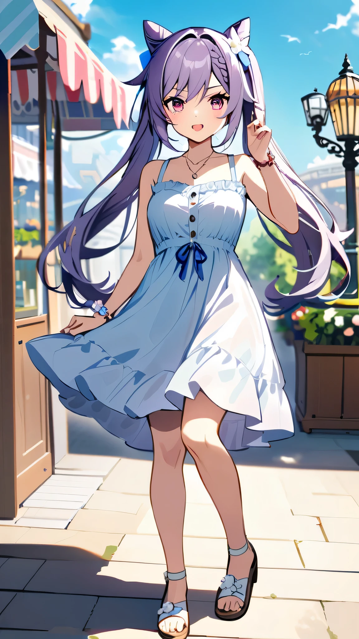 Keqing, Genshin Impact, Beautiful summer dress ,Flowy tiered sundress in a soft, feminine print, worn with strappy flat sandals, a charm bracelet, and a dainty pendant necklace for a romantic summer look. Amusement park,