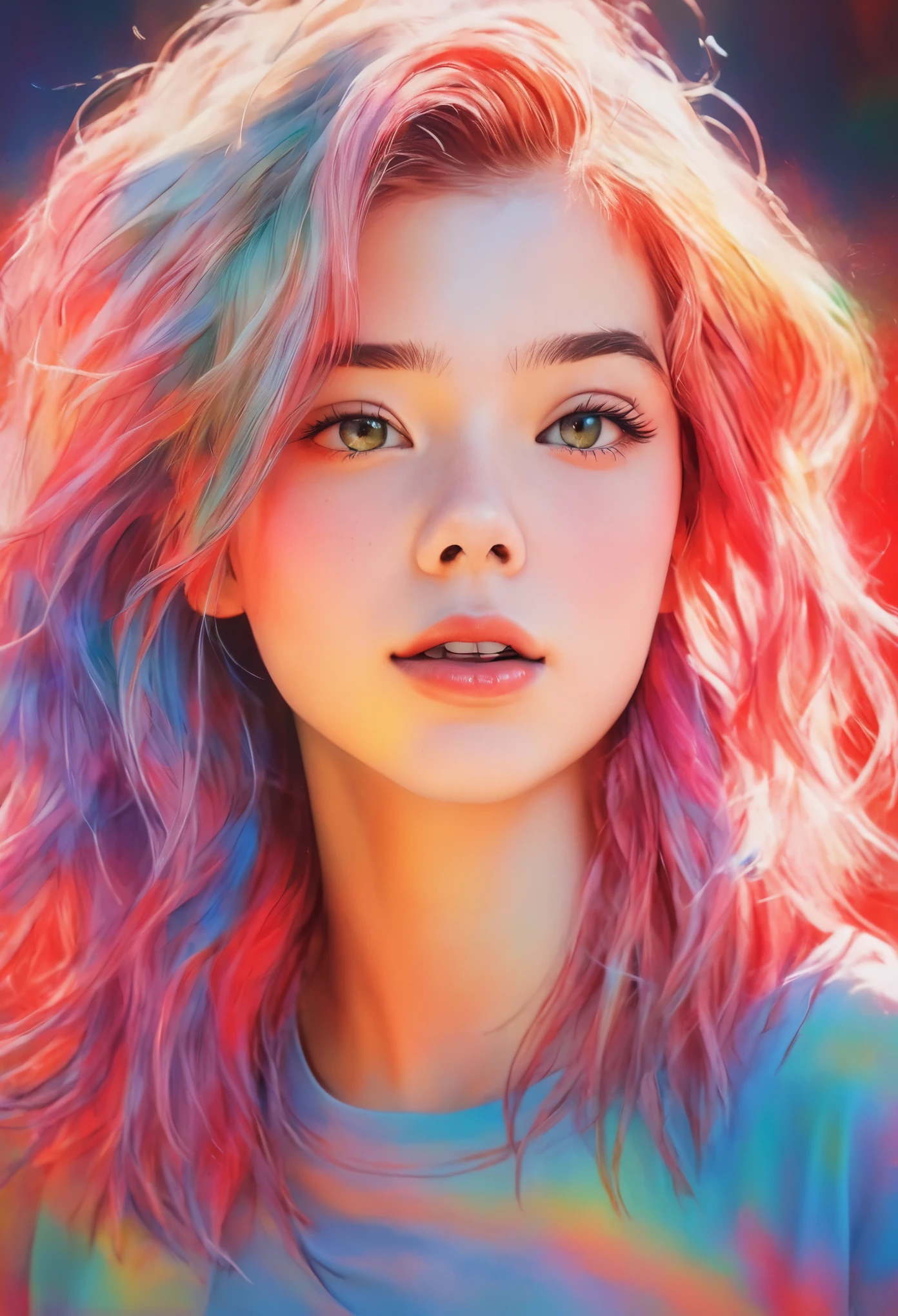  ,Realistic ,sketch , 1 girl, ,lip, T-Shirts,order, Red gradient background, Neon Hair,textured crop, Canadian , (masterpiece,highest quality,Rainbow Style)、Looking down from above、最高masterpiece、