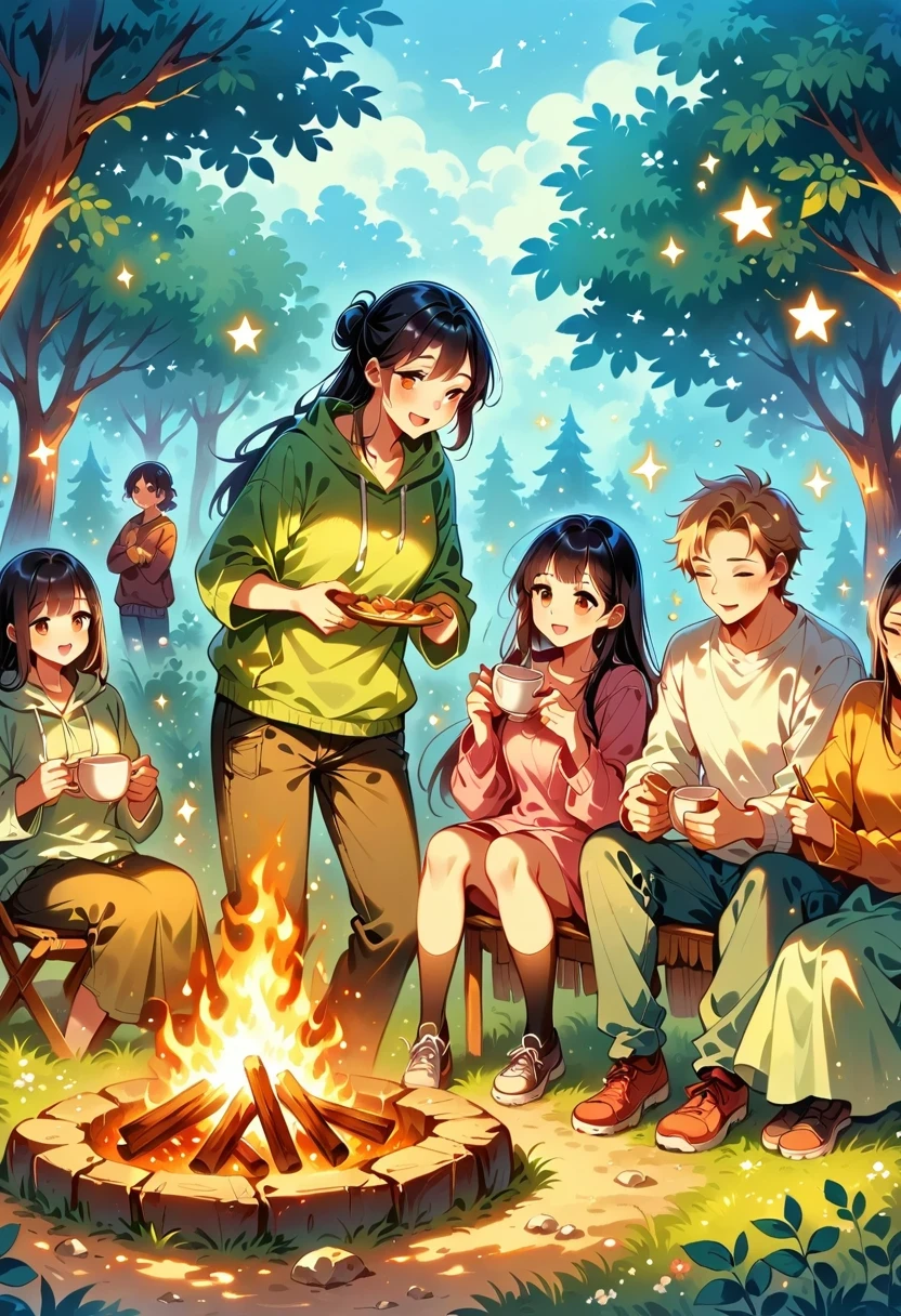 (a cozy campfire), (best quality, highres, vivid colors), (warm, inviting atmosphere), (crackling sound), (camping trip), (relaxation and warmth), (nighttime gathering), (friends and family), (marshmallow roasting), (twinkling stars), (softly glowing embers), (comforting campfire scent), (crackling wood sounds), (dancing flames), (shadows flickering on faces), (peaceful ambiance), (roasting sticks), (ghost stories), (camping chairs), (s'mores and hot cocoa), (nighttime sky), (serene outdoors), (bright and glowing), (void of stress), (unwinding after a long day), (sparks flying), (relaxing under the stars), (tranquil and serene), (warming up on a chilly night), (toasting marshmallows), (enjoying the simple things), (campfire conversations), (creating lasting memories), (gathering around the fire), (cracking logs), (pleasant crackling sound), (enjoyment of nature), (comforting warmth), (rustic camping experience), (connecting with nature), (cozy and inviting), (camping essentials), (flickering firelight), (crackling flames), (sense of camaraderie).