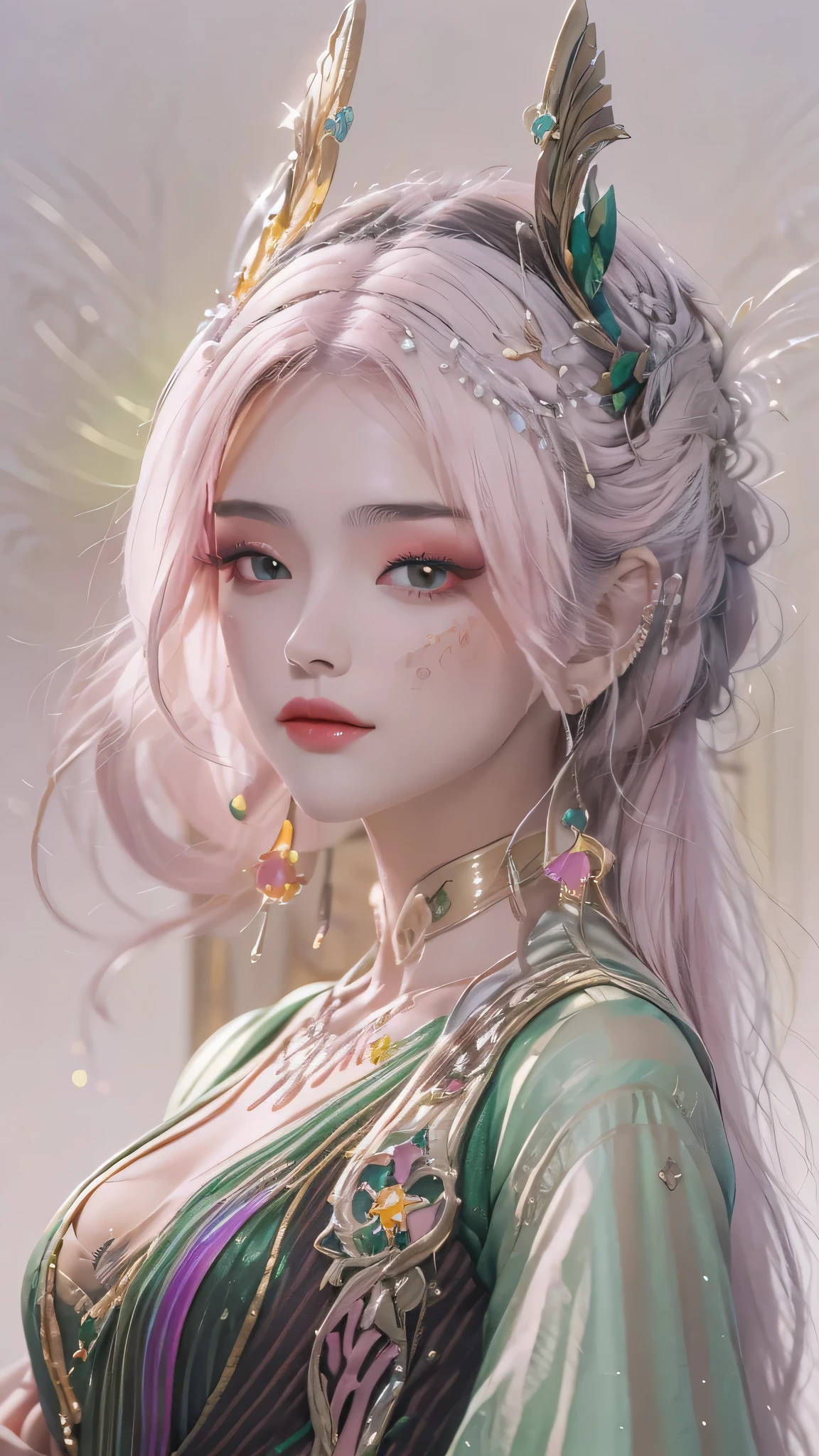 original photo, masterpiece,best photo, high resolution, best quality, best photo, 8K picture quality, 8k ultra high definition,Close-up cleavage,Upper body close-up,Very high resolution, 4k picture quality, Bokeh, 1 20-year-old girl, 1 Goddess Athena, Purple and pink silk dress, The beautiful goddess Athena had a flawless face, Sexy thin yellow dressing gown, saint's dressing gown,There is a lot of evocative black lace detail feeling, The legend of the Holy Goddess, Statue of the Virgin, Elegant, shining and beautiful saint style, Dark Mystery Version, Crown of the Holy Queen, Zhu lips, Thin and beautiful lips, Don't laugh, Shut up again, Characters created by Carol Buck and Pino Deheny, Intricate details, Detailed background, Extremely detailed, Light Magic, (A pure and flawless face: 1.9), virgin, Round breasts, Phoenix Brooch, White hair,Straight bangs, (Hair comes in 7 colors,Like a rainbow: 1.9), Exquisite facial details,Eyes well proportioned, (Transparent eyes: 1.8), (Big round eyes,Beautiful makeup: 1.8), Delicate makeup, Mysterious Makeup, bracelet, bangs and dyed light blonde, Upper part of the body , (The Saint's Upper Body : 1.8), Drooping arms, Realistic image, (stars in sky: 1.7), (The sky of heaven and the door of imaginary time and space: 1.8) , Fictional Art, icon in background, Portrait of a single female saint, The most realistic color scheme, Best photo color, Hair accessories, necklace, jewelry, Pretty Face, Upper part of the body, Tyndall effect, Real scene photo, Border light, Two-tone light, (Pink represents fair skin: 1.4), (High Skin Detail: 1.1),Digital SLR Camera , Soft Light, high quality, Light Intensity, frank, photo ,Smooth and sharp, Sexy goddess, Sexy goddess, (Background Space: 1 ,8), (Galaxy: 1.7 ) ), aurora, lightning, (aurora background: 1.8), the most beautiful eyes, Draw the perfect eyes, Beautiful sage and flowers,