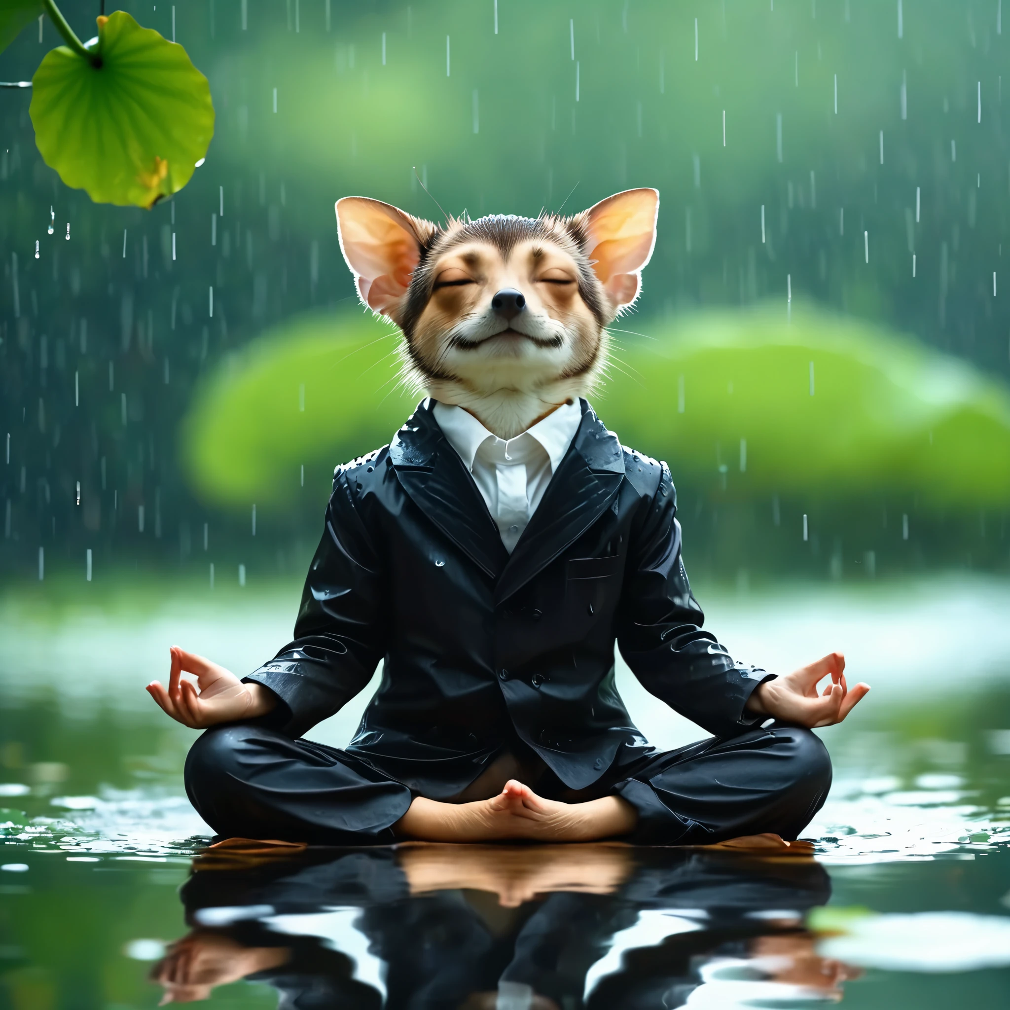 kafka,lotus pose，cute，on the water，reflection，raining，Background blur,fullbody