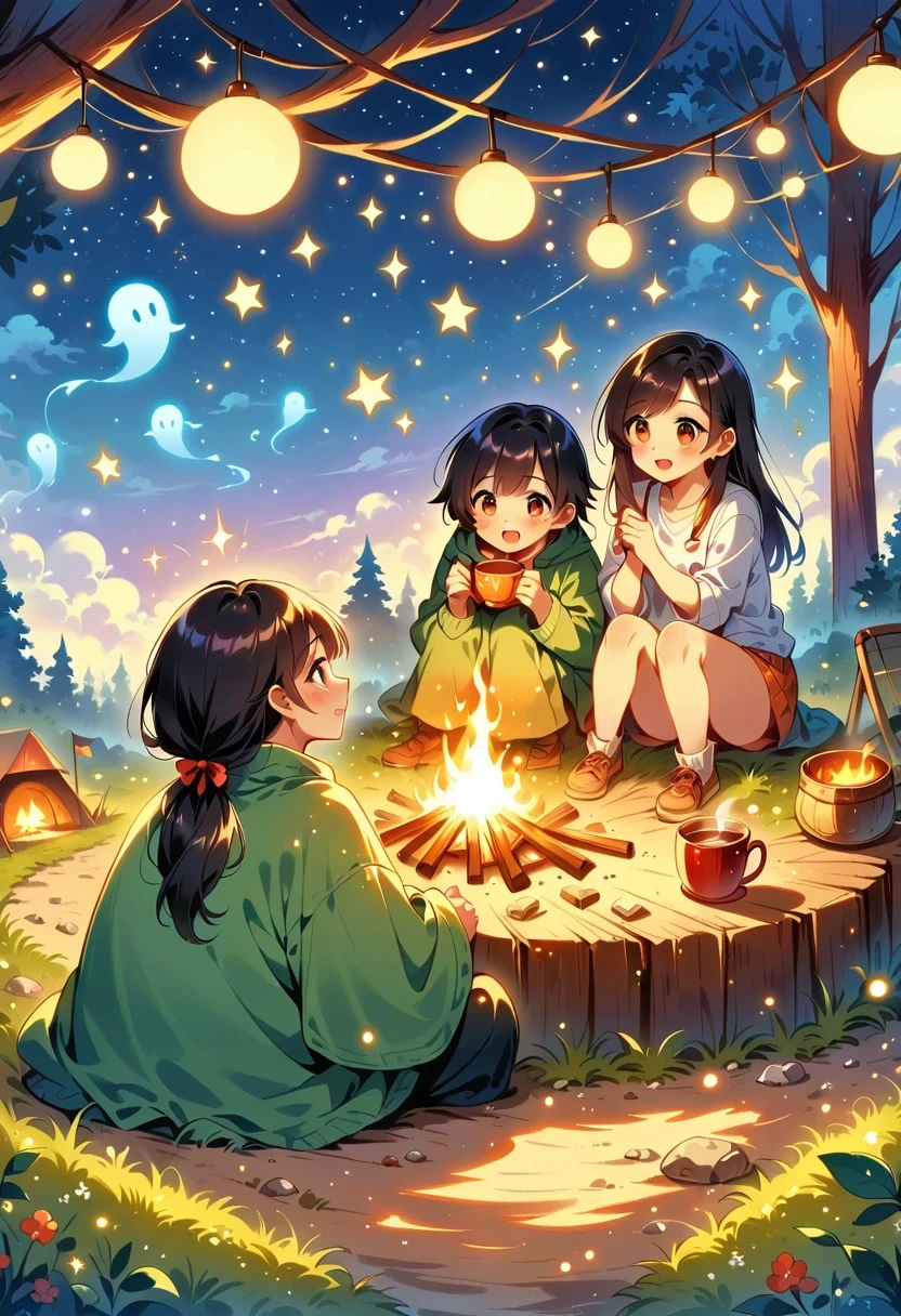 (a cozy campfire), (best quality, highres, vivid colors), (warm, inviting atmosphere), (crackling sound), (camping trip), (relaxation and warmth), (nighttime gathering), (friends and family), (marshmallow roasting), (twinkling stars), (softly glowing embers), (comforting campfire scent), (crackling wood sounds), (dancing flames), (shadows flickering on faces), (peaceful ambiance), (roasting sticks), (ghost stories), (camping chairs), (s'mores and hot cocoa), (nighttime sky), (serene outdoors), (bright and glowing), (void of stress), (unwinding after a long day), (sparks flying), (relaxing under the stars), (tranquil and serene), (warming up on a chilly night), (toasting marshmallows), (enjoying the simple things), (campfire conversations), (creating lasting memories), (gathering around the fire), (cracking logs), (pleasant crackling sound), (enjoyment of nature), (comforting warmth), (rustic camping experience), (connecting with nature), (cozy and inviting), (camping essentials), (flickering firelight), (crackling flames), (sense of camaraderie).