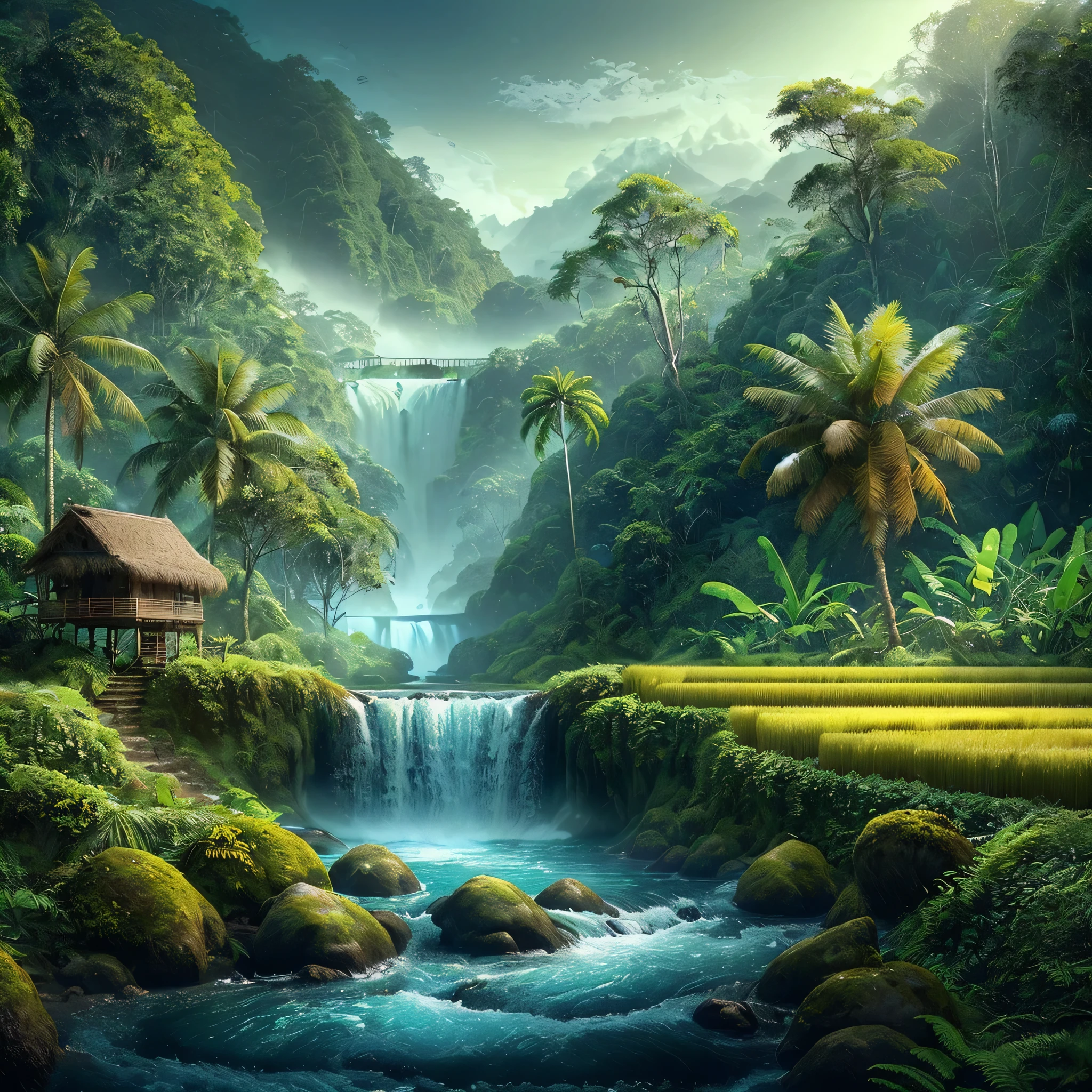 Create beautiful and enchanting hyperrealistic landscape images, coconut trees on the river bank, banana trees with partially dry leaves, fern trees. small waterfall flowing with clear blue water, surrounded by rocks and plants, dark forest, old huts in the middle of green and yellow rice fields, similar hills in the background
