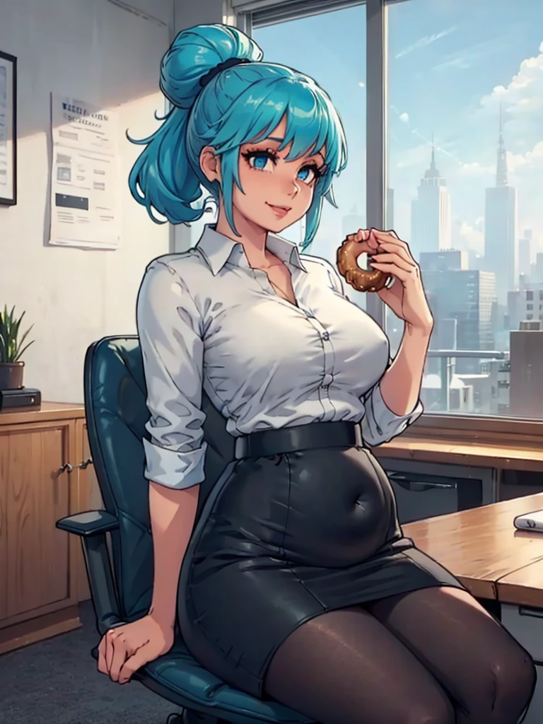 art by kipteitei, 1girl, (aqua blue hair), hair up, blue eyes, black pencil skirt, dress shirt, (black tights), happy expression, (skinny), [stuffed belly], (holding donut), sitting in office chair, leaning back in chair, fancy office background with lots of windows, (cowboy shot), (best quality, masterpiece)
