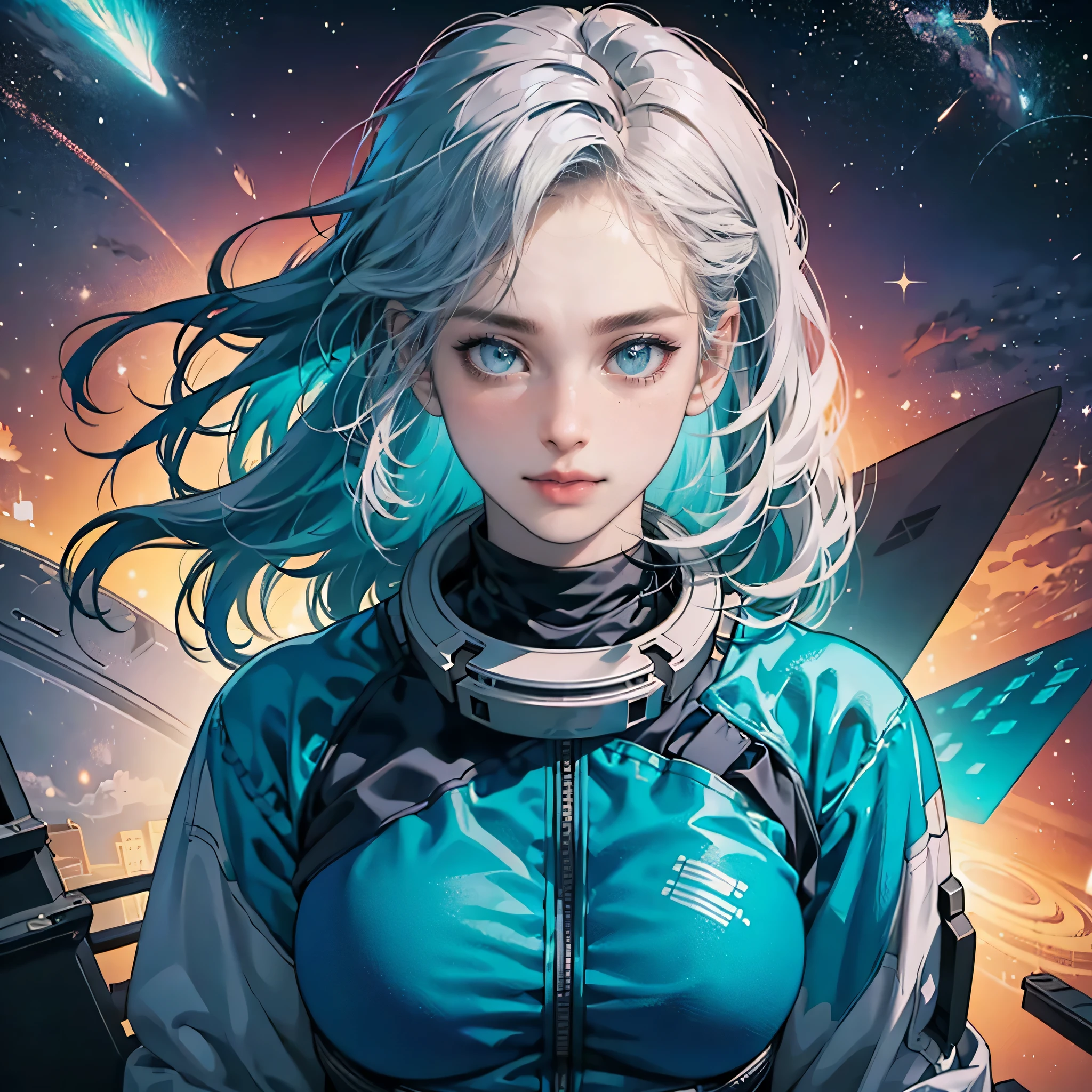 (Beautiful detailed eyes,beautiful detailed lips),(Realistic,photorealistic:1.37) ultra-futuristic design spacesuit,innovative spacesuit design,sleek and modern spacesuit,EVA suit,teal and silver spacesuit,advanced technology outfit,26-year-old woman,astronaut with a slender figure,colossal breasts,earth eye,ultra-detailed features,high-resolution image with astounding details,raw photo quality,Ultra HD,8K resolution,iridescent inner hair,floating effortlessly in space,enjoying the weightlessness,working in the vastness of space,exploring unknown galaxies,astounding futuristic city in the background,dominated by towering skyscrapers bathed in colorful lights,shimmering holographic displays,red blush on her cheeks, conveying a sense of shyness and anxiety.Big Breasts