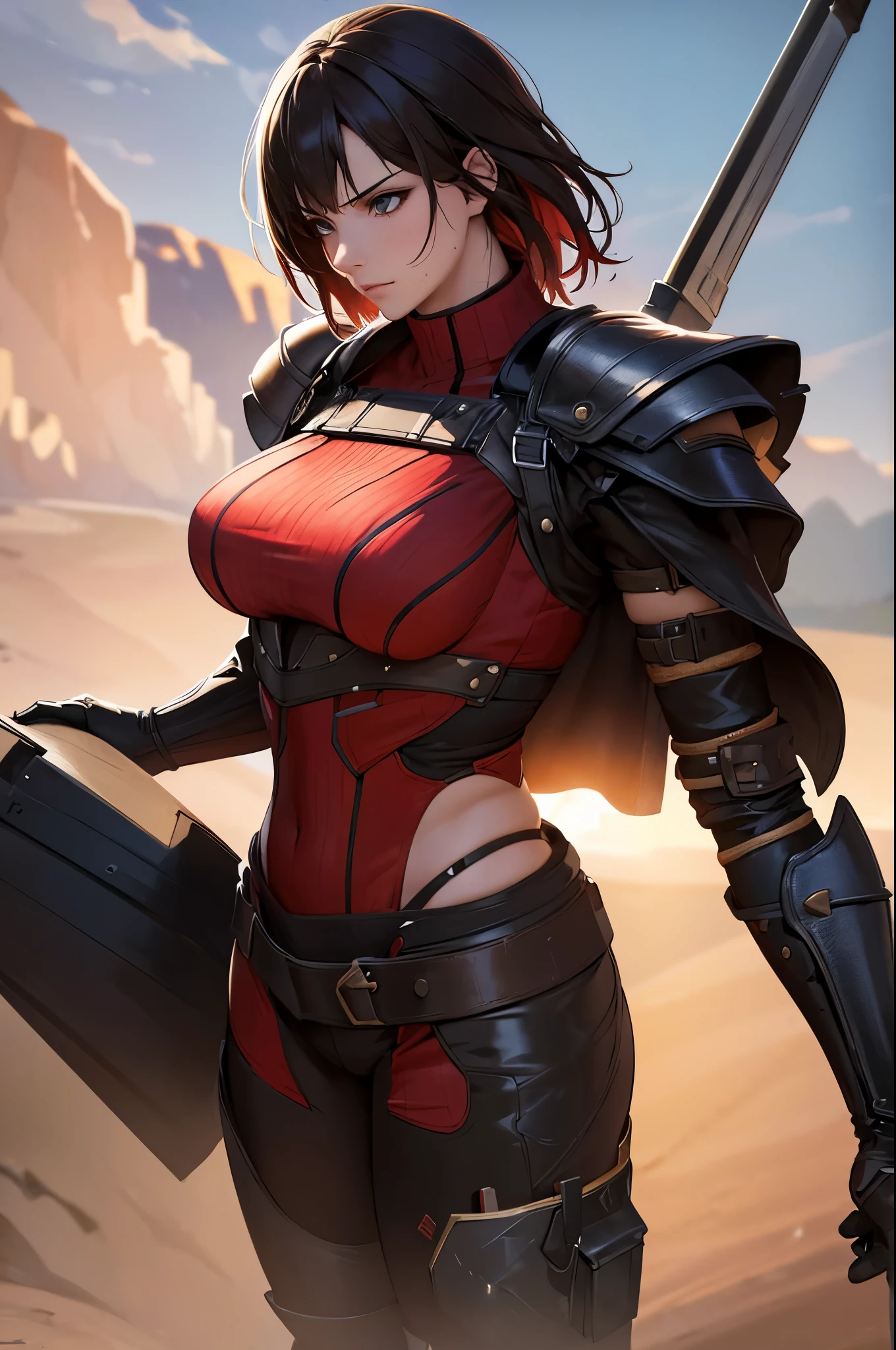 8k,Barren Land,女性adventure者の衣装,Traveling through the dusty wilderness,Light brown short hair,so beautifulな日本の女性, Red and black large chest armor,so beautiful(Like the real thing),Stainless steel and black shoulder armor for the left shoulder,red and black combat pants,sexy,DeviantArt Artstation CGScosiety, 3DレンダリングCharacter Art8 K, Alena Aenami and Artgerm, Wojtek Fass, Artstation 8k Trends, Art Station HD Trending, Ultra-realistic rendering of adventure, Perfect body with realistic shading, Photorealistic perfect body, Ultra-high resolution,high quality,sexy,Brown short hair,Strongly defined abdominal muscles,Muscular and slim body,Muscular and lean lower body,close,masterpiece,最high qualityのフォトリアリスティックなRAW写真。Bright colors,Rich colors, Backlight, Cinema Lighting, Film Grain, to be born, 50mm lens, Nikon D850,Realistic Skin,Fantasy art,Character Art,Sharp Eyes,adventure,He has a long and big Japanese sword.,brown combat jacket,red and black gauntlets,Battle Scenes,Dynamic pose,Action pose,shout,big breasts,Close-up,