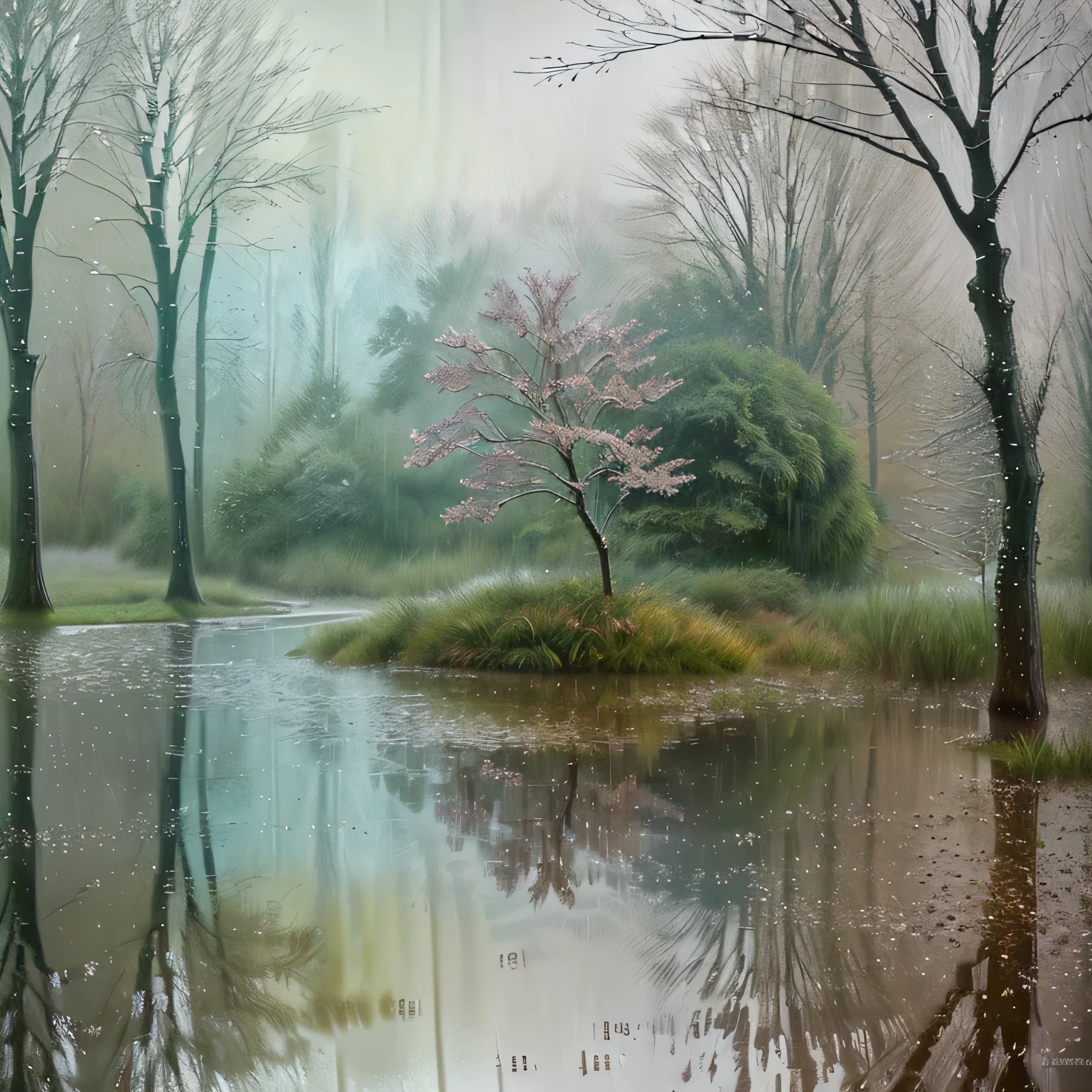 (best quality,ultra-detailed),creative landscape,raining,detailed elements,long exposure,impressionistic painting,soft colors,splashing water,light reflections,nature's textures,shimmering raindrops,enchanting atmosphere