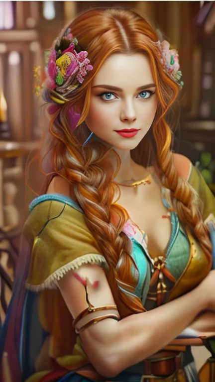 Painting of a woman with red hair and a flower in her hair, fantasy style portrait, beautiful fantasy style portrait, fantasy portrait, fantasy portrait art, beautiful fantasy portrait, fantasy woman, beautiful girl, renaissance digital painting, gorgeous digital painting, beautiful fantasy girl, fantasy character portrait, epic fantasy style portrait, realistic fantasy painting, beautiful drawing of the characters, beautiful gorgeous digital art