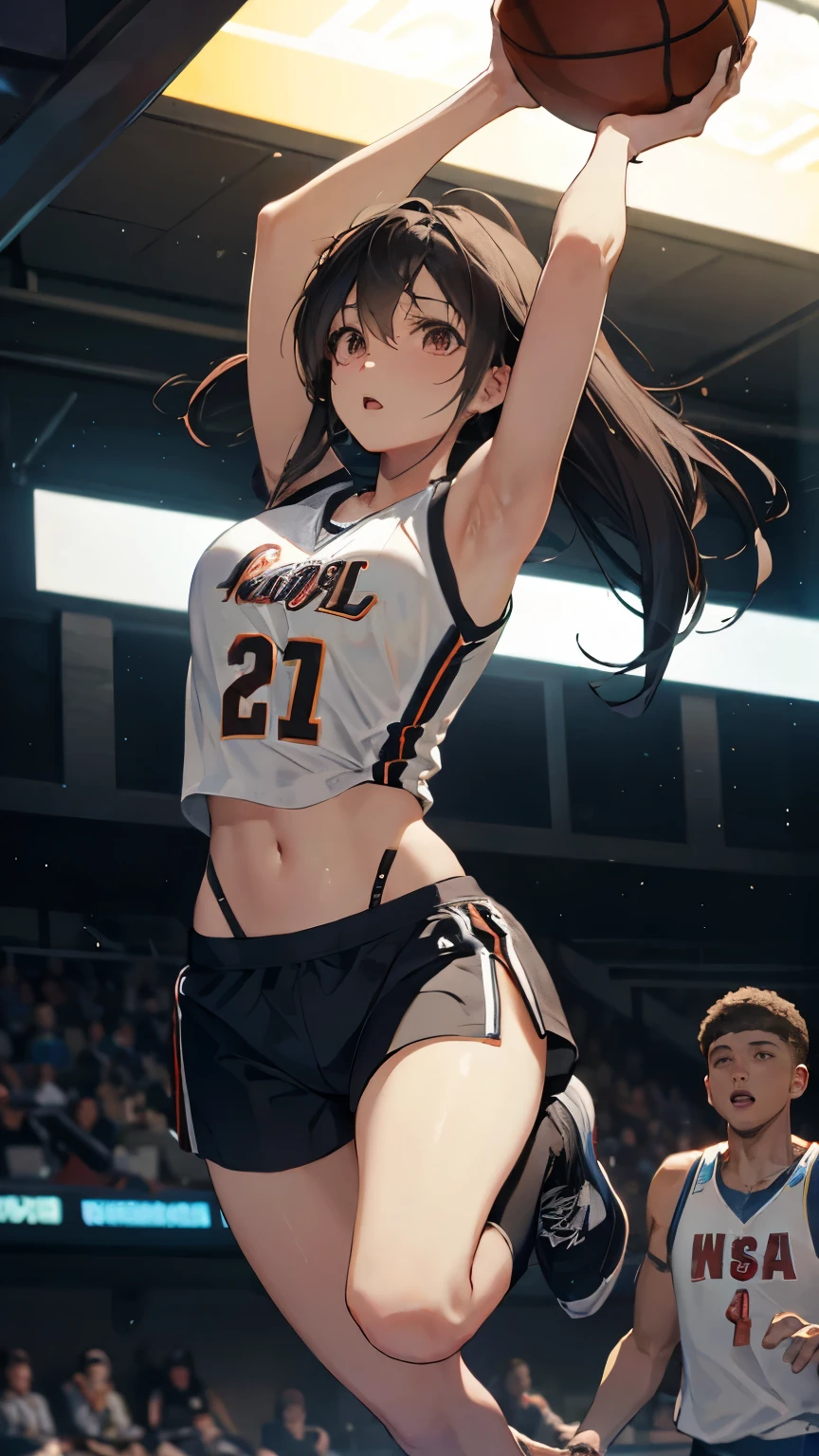 ((best quality)), ((masterpiece)), (detailed), perfect face, (best quality), (detailed skin:1.3), (intricate details), Female professional basketball player, NBA, ((dunk shot, bascketball)), under the goal, jumping, sweat pouring out, a scene during the game, tifa lockhart, cowboy shot