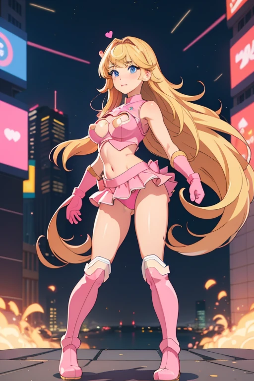 masterpiece, best quality, highres, 1girl, solo, superhero, tiny gold panty bare legs, matching boots, sleeveless, looking at viewer, light particles, city backdrop, perfect hands, perfect eyes, , perfect legs, perfect arms, perfect fingers, large breasts, gold panty, standing, blonde hair, long hair, knee boots, blue eyes, heart cutout, cute face, hair down, bangs, sleeveless, pink gloves, pink footwear, cleavage cutout,