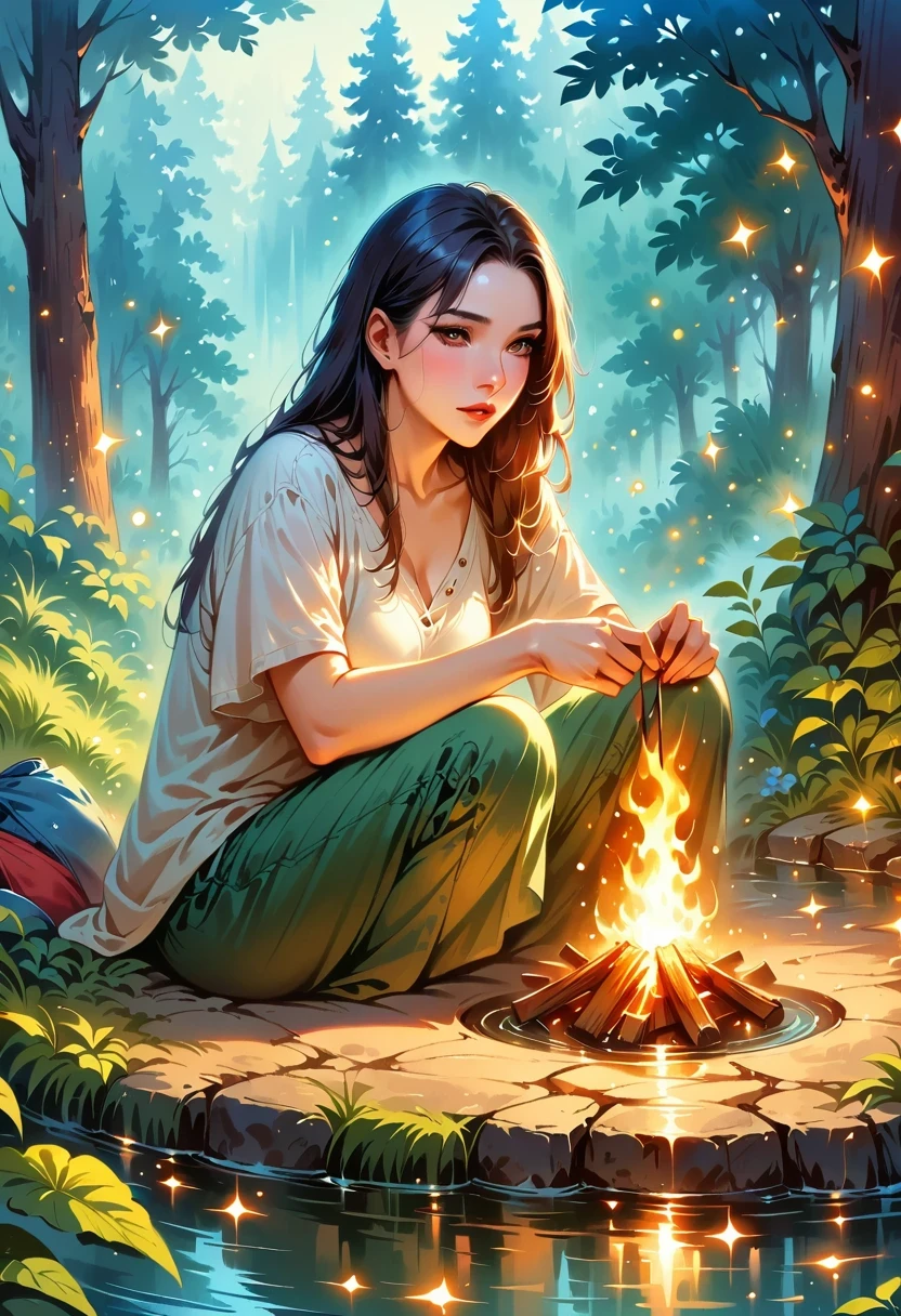 (best quality,highres,masterpiece:1.2),ultra-detailed,realistic,photorealistic:1.37,campfire,crackling flames,golden embers,flickering light,cozy warmth,natural surroundings,nighttime ambiance,serene atmosphere,dancing shadows,roasting marshmallows,starry sky,camping experience,smoky aroma,woodsy scent,magical glow,nature's orchestra,peaceful retreat,warm gathering,reflection on the water,campfire stories,melting stress away,hearth of the night,cosy conversations,silhouette of nature,tranquility in darkness,simple pleasures,sharing moments,smooth crackling sound,flickering warmth,deep connection,flames in the wilderness,intimate moments with loved ones,fire's gentle allure,relaxing getaway,gentle crackles and pops,curiosity captured in light,mesmerizing dance of fire and air