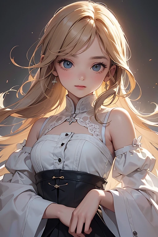 (portrait, face focus:1.3),kLabyrinth,(too many chain:1.3), bondage,1girl,solo,pretty face,(1girl, looking at viewer:1.4),(beautiful face, frown, skinny, thin, medium breasts:1.2), waivy hair, messy hair, (windy hair:1.3),,glowing eyes, (blonde hair:1.1), (long hair:1.2), (blue eyes), (white dress, long dress, victorian dress:1.3),(wearing slave collar, chained:1.3)