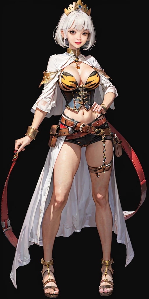 ((BLACK BACKGROUND 1:2, masterpiece)) 1solo female full body MILF BIMBO standing straight symmetrical with two long thighs and two metal sandals, red eyes like rubies, eye focus looking to the viewer, silver white hair, short bob style hair, big knockers breastplate, breastplate, cleavage, tiara royal, long cape up to two feet, yellow bikini (yellow tiger stripes), lustful smirking smiling, smile face (red blushed, red cheeks), pauldrons metal shoulders, gold sleeveless bracelets, separate sleeves, hands on waist hands OR hips, golden bracers, metal handcuffs, leather corset, red loincloth, black leather choker slave collar, shackles bracelets, slave red crest under navel, navel, big belt around waist OR hips, feet together, metal ankle, two long thighs and two metal sandals