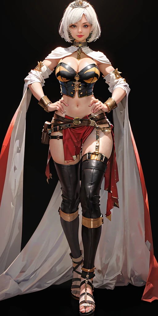 ((BLACK BACKGROUND 1:2, masterpiece)) 1solo female full body MILF BIMBO standing straight symmetrical with two long thighs and two metal sandals, red eyes like rubies, eye focus looking to the viewer, silver white hair, short bob style hair, big knockers breastplate, breastplate, cleavage, tiara royal, long cape up to two feet, yellow bikini (yellow tiger stripes), lustful smirking smiling, smile face (red blushed, red cheeks), pauldrons metal shoulders, gold sleeveless bracelets, separate sleeves, hands on waist hands OR hips, golden bracers, metal handcuffs, leather corset, red loincloth, black leather choker slave collar, shackles bracelets, slave red crest under navel, navel, big belt around waist OR hips, feet together, metal ankle, two long thighs and two metal sandals