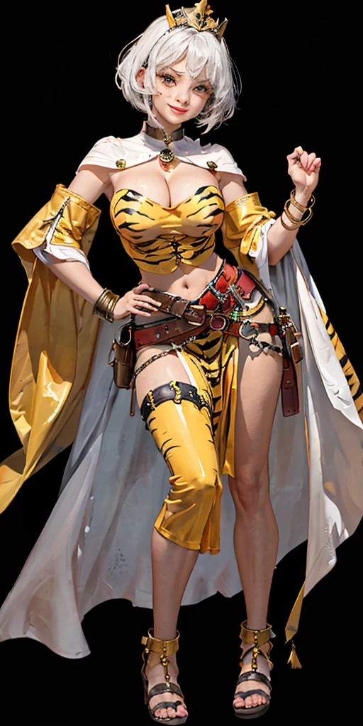 ((BLACK BACKGROUND 1:2, masterpiece)) 1solo female full body MILF BIMBO standing straight symmetrical with two long thighs and two metal sandals, red eyes like rubies, eye focus looking to the viewer, silver white hair, short bob style hair, big knockers breastplate, breastplate, cleavage, tiara royal, long cape up to two feet, yellow bikini (yellow tiger stripes), lustful smirking smiling, smile face (red blushed, red cheeks), pauldrons metal shoulders, gold sleeveless bracelets, separate sleeves, hands on waist hands OR hips, golden bracers, metal handcuffs, leather corset, red loincloth, black leather choker slave collar, shackles bracelets, slave red crest under navel, navel, big belt around waist OR hips, feet together, metal ankle, two long thighs and two metal sandals (Mizuno Akane)(GYARU)(DARK SKIN)