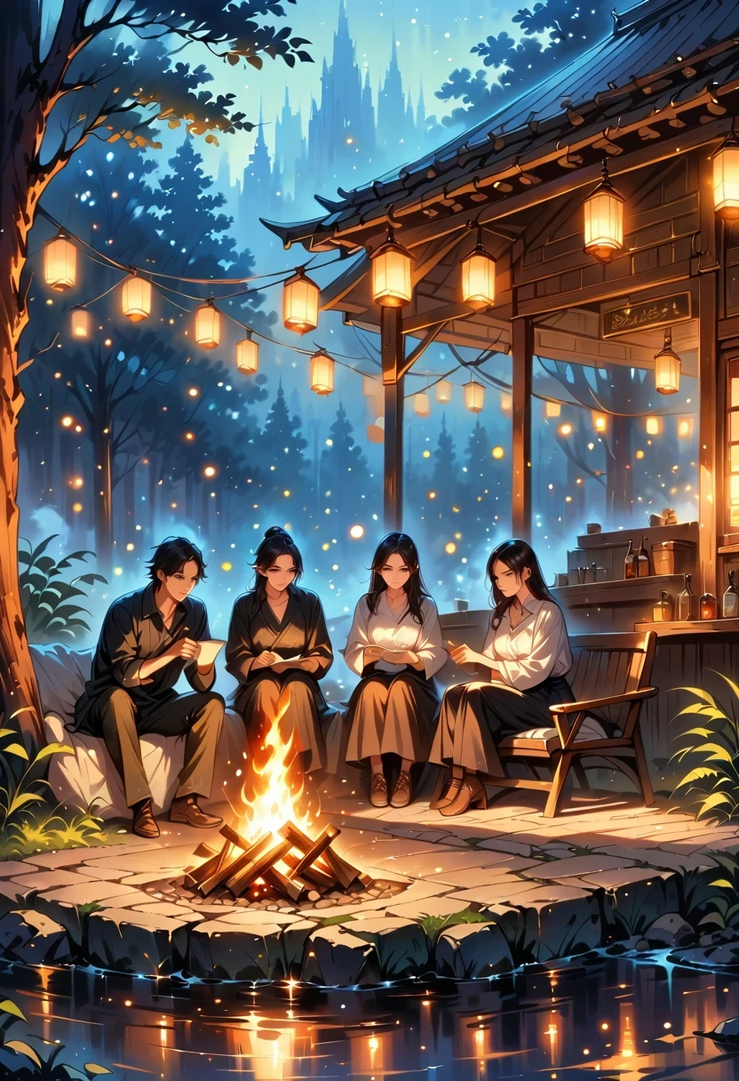 (best quality,highres,masterpiece:1.2),ultra-detailed,realistic,photorealistic:1.37,campfire,crackling flames,golden embers,flickering light,cozy warmth,natural surroundings,nighttime ambiance,serene atmosphere,dancing shadows,roasting marshmallows,starry sky,camping experience,smoky aroma,woodsy scent,magical glow,nature's orchestra,peaceful retreat,warm gathering,reflection on the water,campfire stories,melting stress away,hearth of the night,cosy conversations,silhouette of nature,tranquility in darkness,simple pleasures,sharing moments,smooth crackling sound,flickering warmth,deep connection,flames in the wilderness,intimate moments with loved ones,fire's gentle allure,relaxing getaway,gentle crackles and pops,curiosity captured in light,mesmerizing dance of fire and air