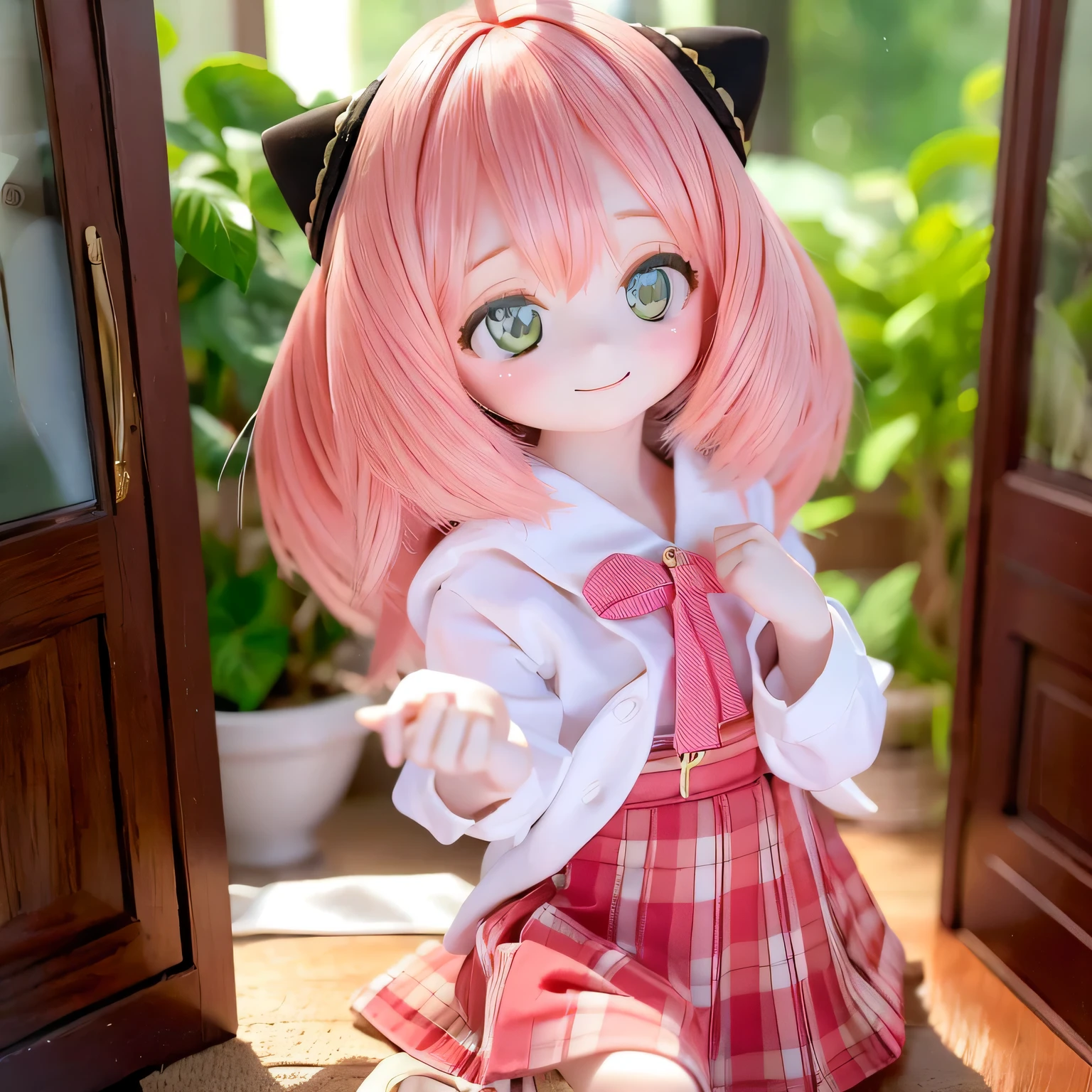 (highest quality,4K,High resolution,masterpiece:1.2),Very detailed,Realistic,Beautiful fine details,beautiful lip detail,Long eyelashes,Pink Hair,short hair,smile,5  girl,wearing a pleated skirt (Chibi Skirt),Cute expression,Hilarious,Playful,Girlish,Bokeh,Soft lighting,Portraiture