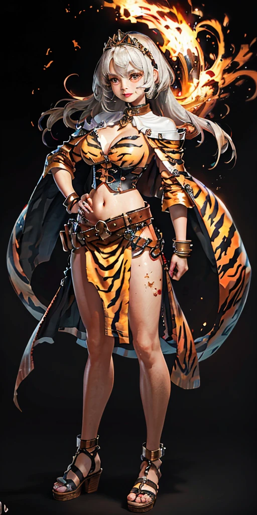 ((BLACK BACKGROUND 1:2, masterpiece)) 1solo female full body MILF BIMBO standing straight symmetrical with two long thighs and two metal sandals, red eyes like rubies, eye focus looking to the viewer, silver white hair, short bob style hair, big knockers breastplate, breastplate, cleavage, tiara royal, long cape up to two feet, yellow bikini (yellow tiger stripes), lustful smirking smiling, smile face (red blushed, red cheeks), pauldrons metal shoulders, gold sleeveless bracelets, separate sleeves, hands on waist hands OR hips, golden bracers, metal handcuffs, leather corset, red loincloth, black leather choker slave collar, shackles bracelets, slave red crest under navel, navel, big belt around waist OR hips, feet together, metal ankle, two long thighs and two metal sandals