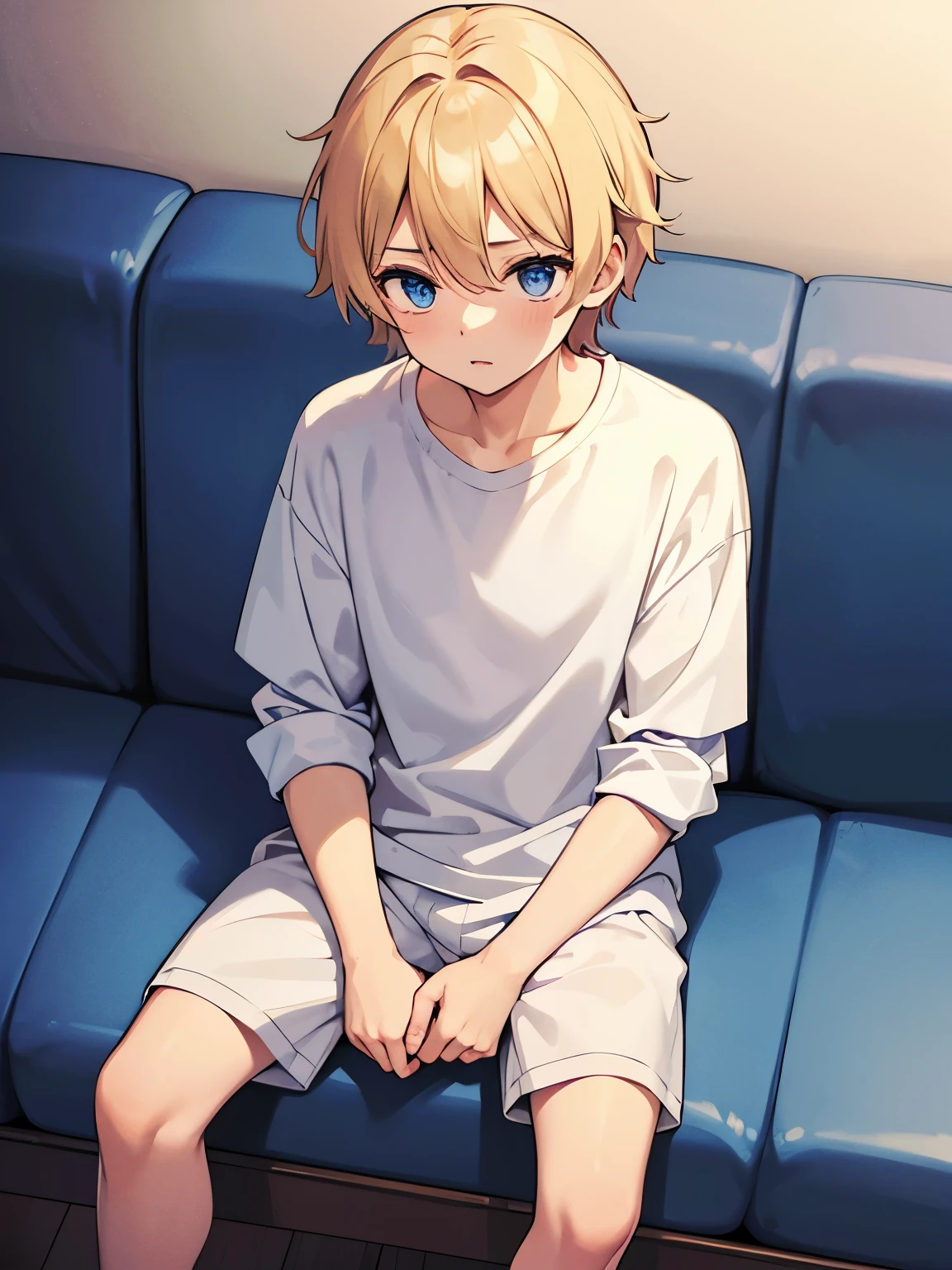 Baby boy,guy,,looking away,Holding a pen to his face,Short blonde hair,blue eyes,messy hair, wearing White t-shirt,plain t-shirt,long sleeve t-shirt, white shorts, Plain t-shirt,Sitting in prison,half body photo