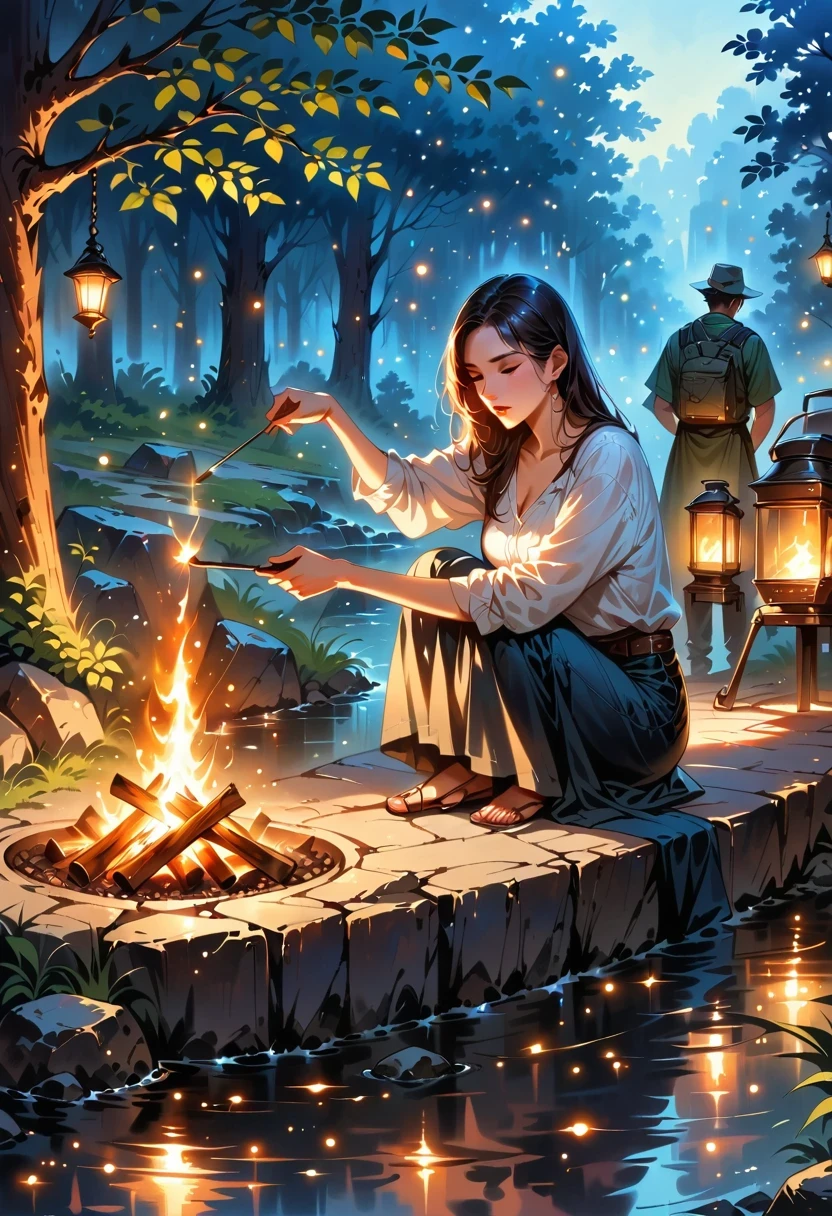 (best quality,highres,masterpiece:1.2),ultra-detailed,realistic,photorealistic:1.37,campfire,crackling flames,golden embers,flickering light,cozy warmth,natural surroundings,nighttime ambiance,serene atmosphere,dancing shadows,roasting marshmallows,starry sky,camping experience,smoky aroma,woodsy scent,magical glow,nature's orchestra,peaceful retreat,warm gathering,reflection on the water,campfire stories,melting stress away,hearth of the night,cosy conversations,silhouette of nature,tranquility in darkness,simple pleasures,sharing moments,smooth crackling sound,flickering warmth,deep connection,flames in the wilderness,intimate moments with loved ones,fire's gentle allure,relaxing getaway,gentle crackles and pops,curiosity captured in light,mesmerizing dance of fire and air