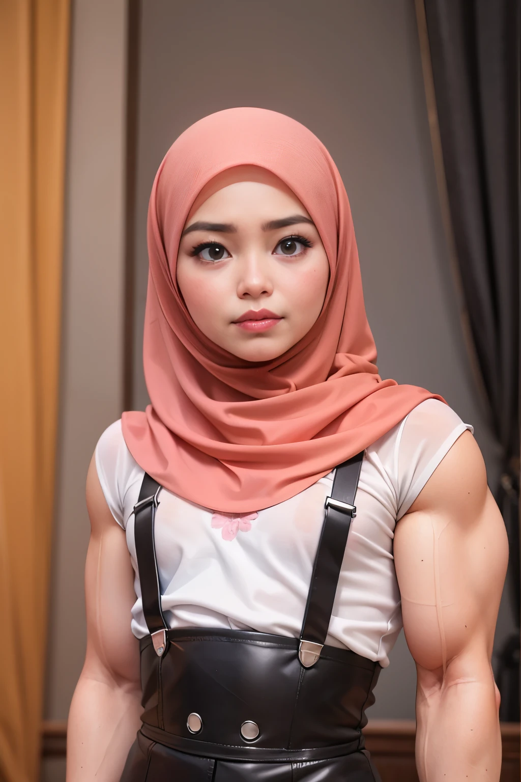 ((thick lips:1.6)), Lace blindfold, ((SHORT HIJAB)), ((Flat chest:1.7)), (dynamic photograph of a 58 year old Indonesian woman), (straight non curly hair), (highly detailed face:1.4), (vascular muscles and abs:1.3), (background inside light, bright, private gym:1.1), (8k, uhd, dslr, high quality, cinematic lighting, bokeh), (dramatic, award winning photography, incredible masterpiece:1.3), (((sexy sultry stare at camera:0.8))), close up, ((she is ready to dominate you:0.5)), ((beautiful feminine face)) (she is a champion MMA fighter), add_detail:1, from behind view, seductive pose, straddling ,