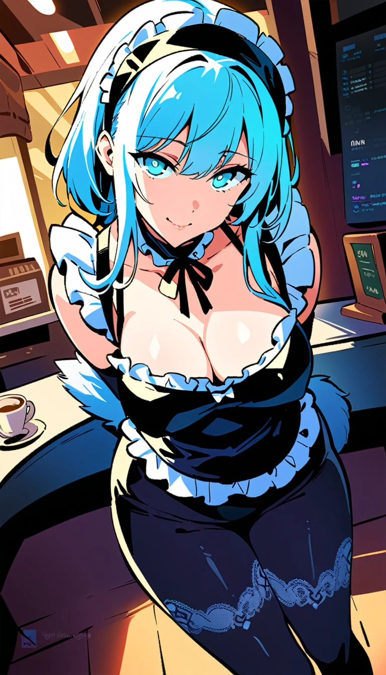 (high quality, 8k, 4K, High Contrast, masterpiece:1.2, 最high quality, Best aesthetics), , Maid, Very detailed, Seductive and erotic girl with lace headdress, smile, (Medium sized breasts, Silver fur), Focus on the face, Focus on the face, Complex eyes, tights, laced tights, coffee shop, Ground angle shot, Viewer looking up, feet in tights, 