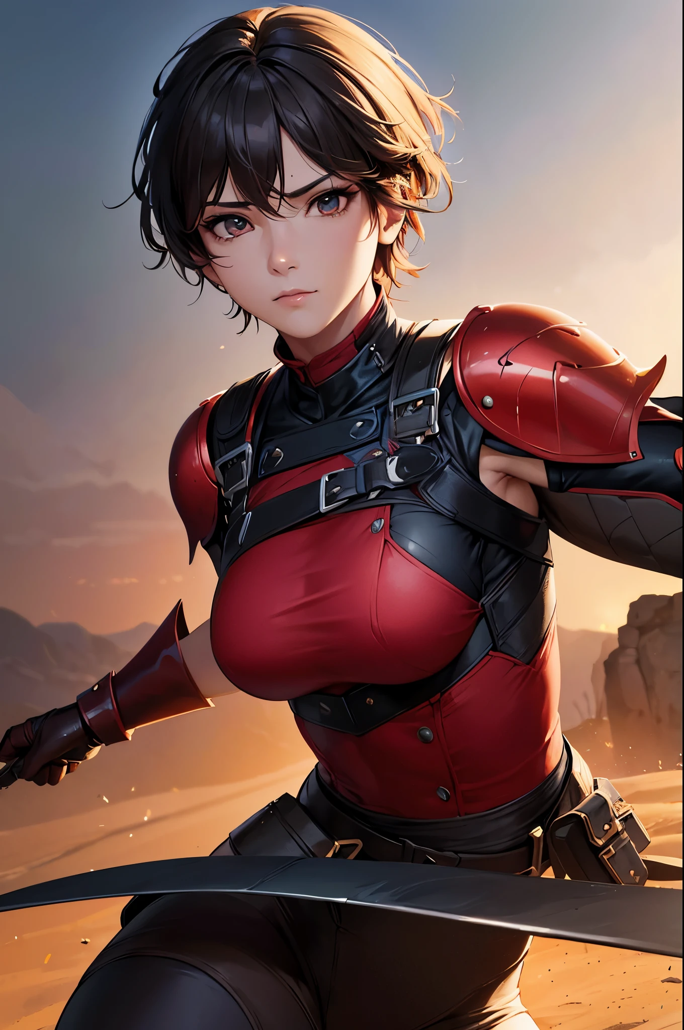 8k,Barren Land,女性adventure者の衣装,Traveling through the dusty wilderness,Light brown short hair,so beautifulな日本の女性, Red and black large chest armor,so beautiful(Like the real thing),Stainless steel and black shoulder armor for the left shoulder,red and black combat pants,sexy,DeviantArt Artstation CGScosiety, 3DレンダリングCharacter Art8 K, Alena Aenami and Artgerm, Wojtek Fass, Artstation 8k Trends, Art Station HD Trending, Ultra-realistic rendering of adventure, Perfect body with realistic shading, Photorealistic perfect body, Ultra-high resolution,high quality,sexy,Brown short hair,Strongly defined abdominal muscles,Muscular and slim body,Muscular and lean lower body,close,masterpiece,最high qualityのフォトリアリスティックなRAW写真。Bright colors,Rich colors, Backlight, Cinema Lighting, Film Grain, to be born, 50mm lens, Nikon D850,Realistic Skin,Fantasy art,Character Art,Sharp Eyes,adventure,He has a long and big Japanese sword.,brown combat jacket,red and black gauntlets,Battle Scenes,Dynamic pose,Action pose,shout,big breasts,Upper body close-up,