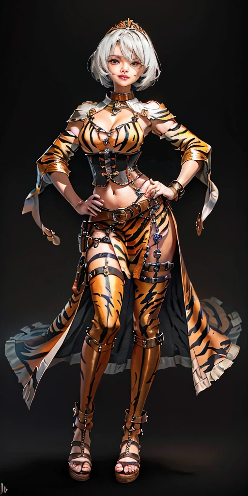 ((BLACK BACKGROUND 1:2, masterpiece)) 1solo female full body MILF BIMBO standing straight symmetrical with two long thighs and two metal sandals, red eyes like rubies, eye focus looking to the viewer, silver white hair, short bob style hair, big knockers breastplate, breastplate, cleavage, tiara royal, long cape up to two feet, yellow bikini (yellow tiger stripes), lustful smirking smiling, smile face (red blushed, red cheeks), pauldrons metal shoulders, gold sleeveless bracelets, separate sleeves, hands on waist hands OR hips, golden bracers, metal handcuffs, leather corset, red loincloth, black leather choker slave collar, shackles bracelets, slave red crest under navel, navel, big belt around waist OR hips, feet together, metal ankle, two long thighs and two metal sandals