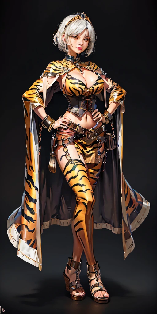 ((BLACK BACKGROUND 1:2, masterpiece)) 1solo female full body MILF BIMBO standing straight symmetrical with two long thighs and two metal sandals, red eyes like rubies, eye focus looking to the viewer, silver white hair, short bob style hair, big knockers breastplate, breastplate, cleavage, tiara royal, long cape up to two feet, yellow bikini (yellow tiger stripes), lustful smirking smiling, smile face (red blushed, red cheeks), pauldrons metal shoulders, gold sleeveless bracelets, separate sleeves, hands on waist hands OR hips, golden bracers, metal handcuffs, leather corset, red loincloth, black leather choker slave collar, shackles bracelets, slave red crest under navel, navel, big belt around waist OR hips, feet together, metal ankle, two long thighs and two metal sandals