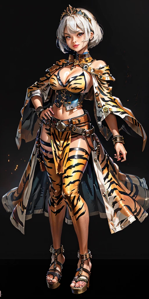 ((BLACK BACKGROUND 1:2, masterpiece)) 1solo female full body MILF BIMBO standing straight symmetrical with two long thighs and two metal sandals, red eyes like rubies, eye focus looking to the viewer, silver white hair, short bob style hair, big knockers breastplate, breastplate, cleavage, tiara royal, long cape up to two feet, yellow bikini (yellow tiger stripes), lustful smirking smiling, smile face (red blushed, red cheeks), pauldrons metal shoulders, gold sleeveless bracelets, separate sleeves, hands on waist hands OR hips, golden bracers, metal handcuffs, leather corset, red loincloth, black leather choker slave collar, shackles bracelets, slave red crest under navel, navel, big belt around waist OR hips, feet together, metal ankle, two long thighs and two metal sandals