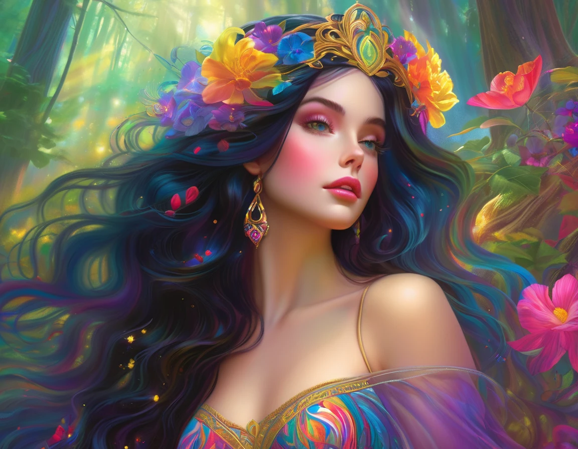 lisa frank art color, cuerpo completo, full body, senos grandes, nalgas grandes, mujer, multicolored long hair, multicolored aurora, art face by tom bagshaw, emile vernon style, fullbody dynamic movement pose, beautiful woman with long hair, gold jewellery, oil painting, fantasy, intricate, intricate stunning highly detailed girl by artgerm and edouard bisson, beautiful elegant, fantasy, flowers, forest, highly detailed, digital airbrush, photorealistic, octane render, black hair, black lips, gothic, rapunzel cabellos largos, cabellos largos dorados, cabellos largos color oro, pelo largo, digital painting, soft skin wide eyes watercolor, style, sketch, watercolor paiting, watercolor artist, portrait of a girl, vintage cartoon, ghibli, artgerm, wlop, alphonse mucha dynamic lighting hyperdetailed intricately detailed splash art trending on artstation triadic colors unreal engine 5 volumetric lighting, Transparent clothing, slight smile,, open legs, view of pubic hair, 1 sexy girl in transparent forest clothes,exposed breasts, open transparent t-shirt,mandala and flower tattoos, La mejor calidad,