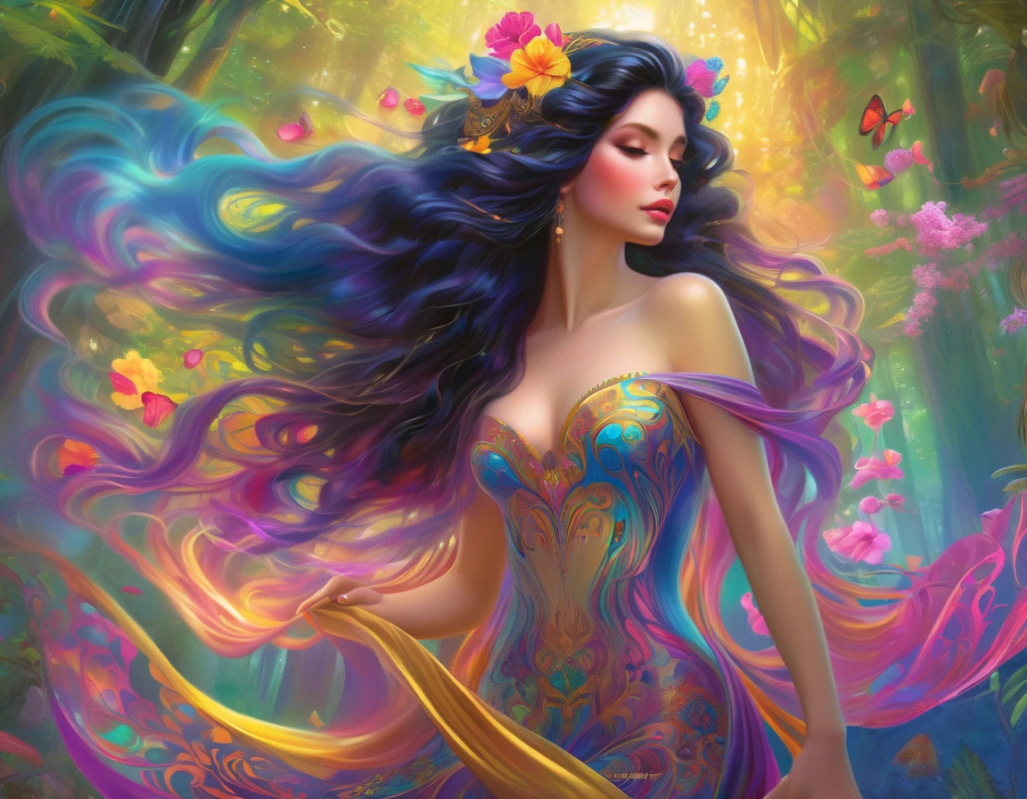 lisa frank art color, cuerpo completo, full body, senos grandes, nalgas grandes, mujer, multicolored long hair, multicolored aurora, art face by tom bagshaw, emile vernon style, fullbody dynamic movement pose, beautiful woman with long hair, gold jewellery, oil painting, fantasy, intricate, intricate stunning highly detailed girl by artgerm and edouard bisson, beautiful elegant, fantasy, flowers, forest, highly detailed, digital airbrush, photorealistic, octane render, black hair, black lips, gothic, rapunzel cabellos largos, cabellos largos dorados, cabellos largos color oro, pelo largo, digital painting, soft skin wide eyes watercolor, style, sketch, watercolor paiting, watercolor artist, portrait of a girl, vintage cartoon, ghibli, artgerm, wlop, alphonse mucha dynamic lighting hyperdetailed intricately detailed splash art trending on artstation triadic colors unreal engine 5 volumetric lighting, Transparent clothing, slight smile,, open legs, view of pubic hair, 1 sexy girl in transparent forest clothes,exposed breasts, open transparent t-shirt,mandala and flower tattoos, La mejor calidad,