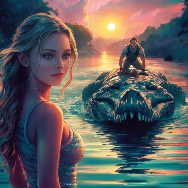 Image of a woman, sitting on a stone in the water with a crocodile, Detailed digital art 4k, beautiful digital images, Martin then artwork portrait, Highly detailed 4K digital art, Martin then, In the style of Cyril Rolando, beautiful artwork illustration, stunning digital illustration, gorgeous digital painting, beautiful art uhd 4k, Justin Gerard