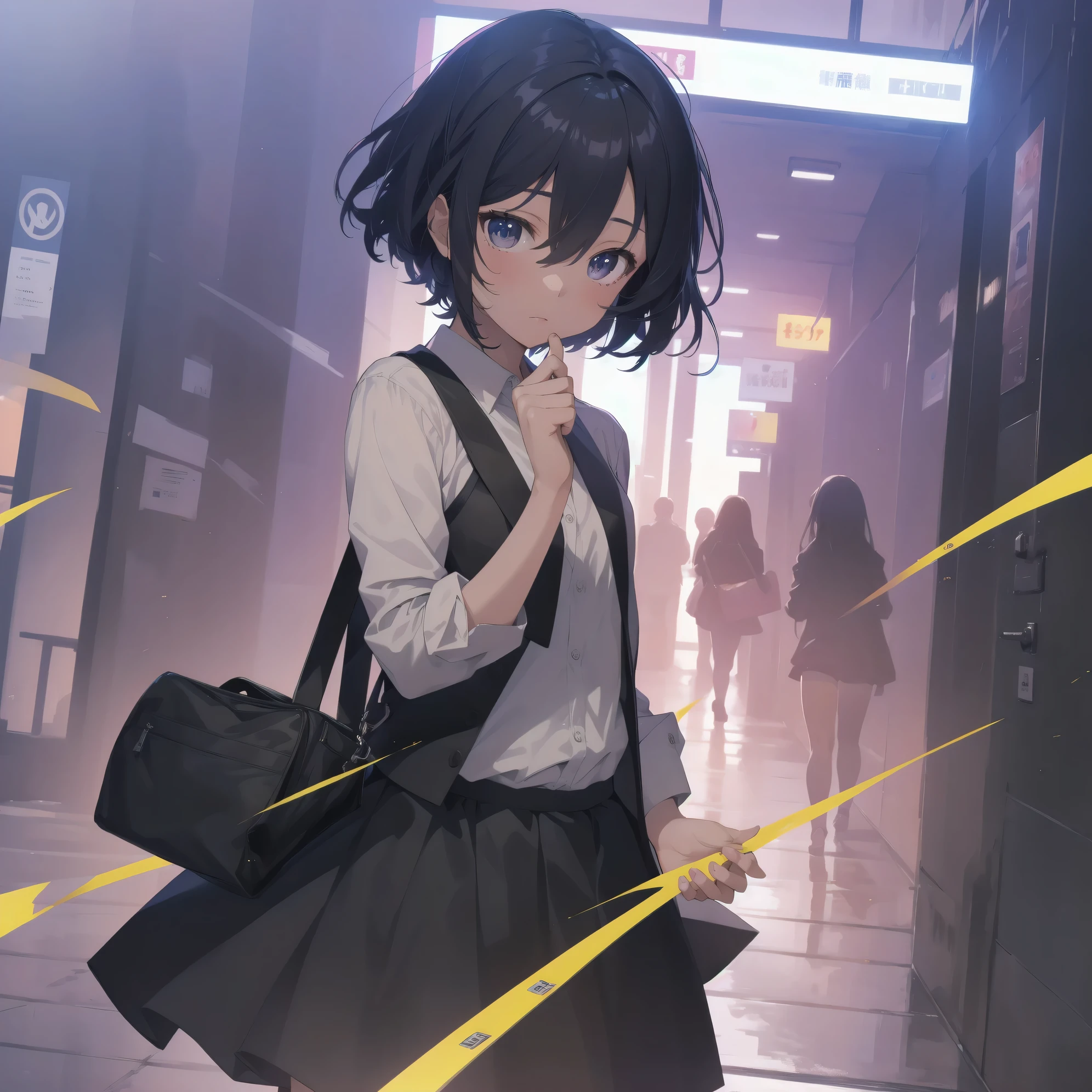 ultra-absurdres-Top quality by artist God, ultra-detailed, high resolution, anime moe artstyle, best anime 8k konachan wallpaper, pixiv contest winner,pool:2810, perfect anatomy,break, 1girl, (Please draw a girl walking sleepily to school alone. )break,(Solo,little female, 13-year-old:1.3),Full limbs, complete fingers,a junior high school student,  (very short hair), short cut, flat chest, , small butt, small black eyes, beautiful detailed eyes, well-proportioned iris and pupils, expressive eyes, highres detailed hair, soft expression, school_uniform, official_alternate_costume, pleated skirt,(Detailed Lighting), (Detailed background), in the School commute route. break,super detailed skin, Best cinematic lighting powered by famous artist, 8k,beauty illustration,photoshop_(medium),very aesthetic,break,((artist:a1_(initial-g) )), artist:akinashi yuu ,artist:oyari ashito ,artist:kantoku ,