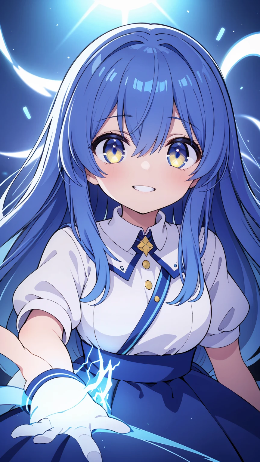 Masterpiece, highest quality, ultra-definition, 4K, super fine illustration, high-definition beautiful face and eyes, light blue color scheme, lighting, fantasy, solemn atmosphere, long skirt, glowing eyes, long hair, hair between the eyes, cross bangs, grin, Particle light, luminescence, plasma, electric current, blue flame, sense of depth, dynamic angle, one girl, smile,