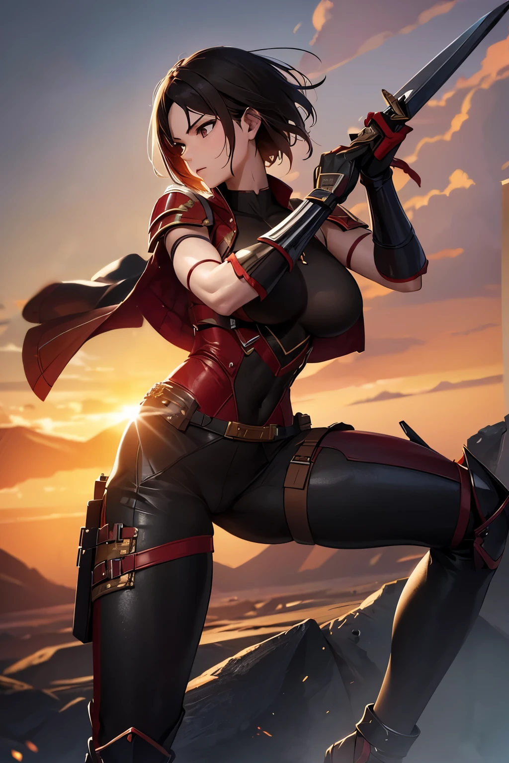 8k,Barren Land,女性adventure者の衣装,Traveling through the dusty wilderness,Light brown short hair,so beautifulな日本の女性, Red and black large chest armor,so beautiful(Like the real thing),Stainless steel and black shoulder armor for the left shoulder,red and black combat pants,sexy,DeviantArt Artstation CGScosiety, 3DレンダリングCharacter Art8 K, Alena Aenami and Artgerm, Wojtek Fass, Artstation 8k Trends, Art Station HD Trending, Ultra-realistic rendering of adventure, Perfect body with realistic shading, Photorealistic perfect body, Ultra-high resolution,high quality,sexy,Brown short hair,Strongly defined abdominal muscles,Muscular and slim body,Muscular and lean lower body,close,masterpiece,最high qualityのフォトリアリスティックなRAW写真。Bright colors,Rich colors, Backlight, Cinema Lighting, Film Grain, to be born, 50mm lens, Nikon D850,Realistic Skin,Fantasy art,Character Art,Sharp Eyes,adventure,He has a long and big Japanese sword.,brown combat jacket,red and black gauntlets,Battle Scenes,Dynamic pose,Action pose,shout,big breasts,Close-up,landscape,