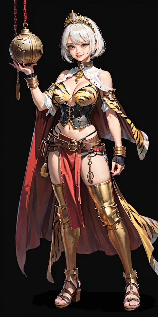 ((BLACK BACKGROUND 1:2, masterpiece)) 1solo female full body MILF BIMBO standing straight symmetrical with two long thighs and two metal sandals, red eyes like rubies, eye focus looking to the viewer, silver white hair, short bob style hair, big knockers breastplate, breastplate, cleavage, tiara royal, long cape up to two feet, yellow bikini (yellow tiger stripes), lustful smirking smiling, smile face (red blushed, red cheeks), pauldrons metal shoulders, gold sleeveless bracelets, separate sleeves, hands on waist hands OR hips, golden bracers, metal handcuffs, leather corset, red loincloth, black leather choker slave collar, shackles bracelets, slave red crest under navel, navel, big belt around waist OR hips, feet together, metal ankle, two long thighs and two metal sandals