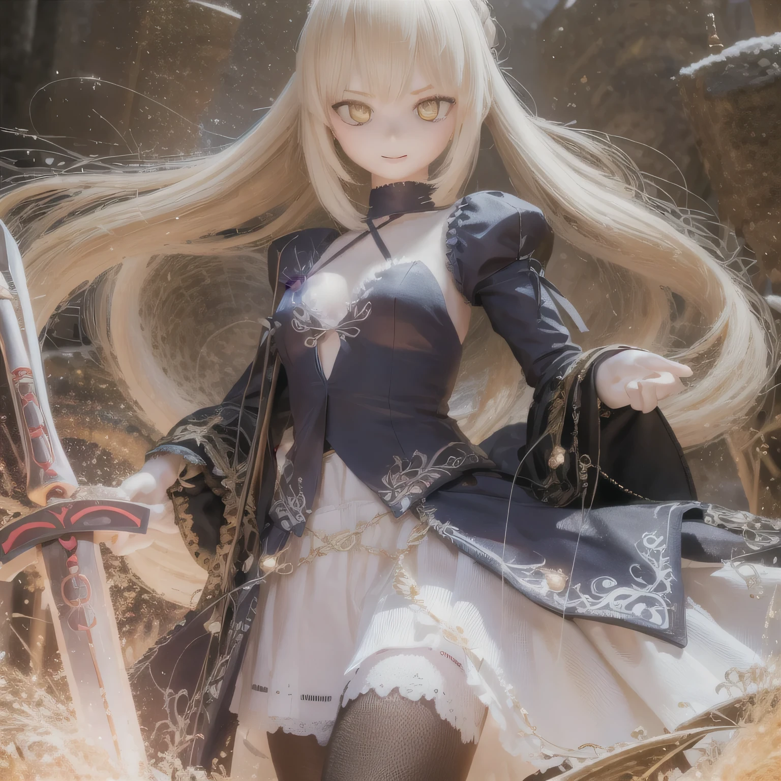 (highest quality,3D Rendering:1.2),Expressive, fine eyes,Perfect Face,Long, flowing blonde hair,Beautiful smile,Fate Saber in a contrasting dress ([With a sword],[Holding the Sword]),Elegant pose,Vibrant colors,Soft lighting,Subtle Shadows,Artistic atmosphere,Dynamic configuration,dramatic background((((Carrying a sword)))) 