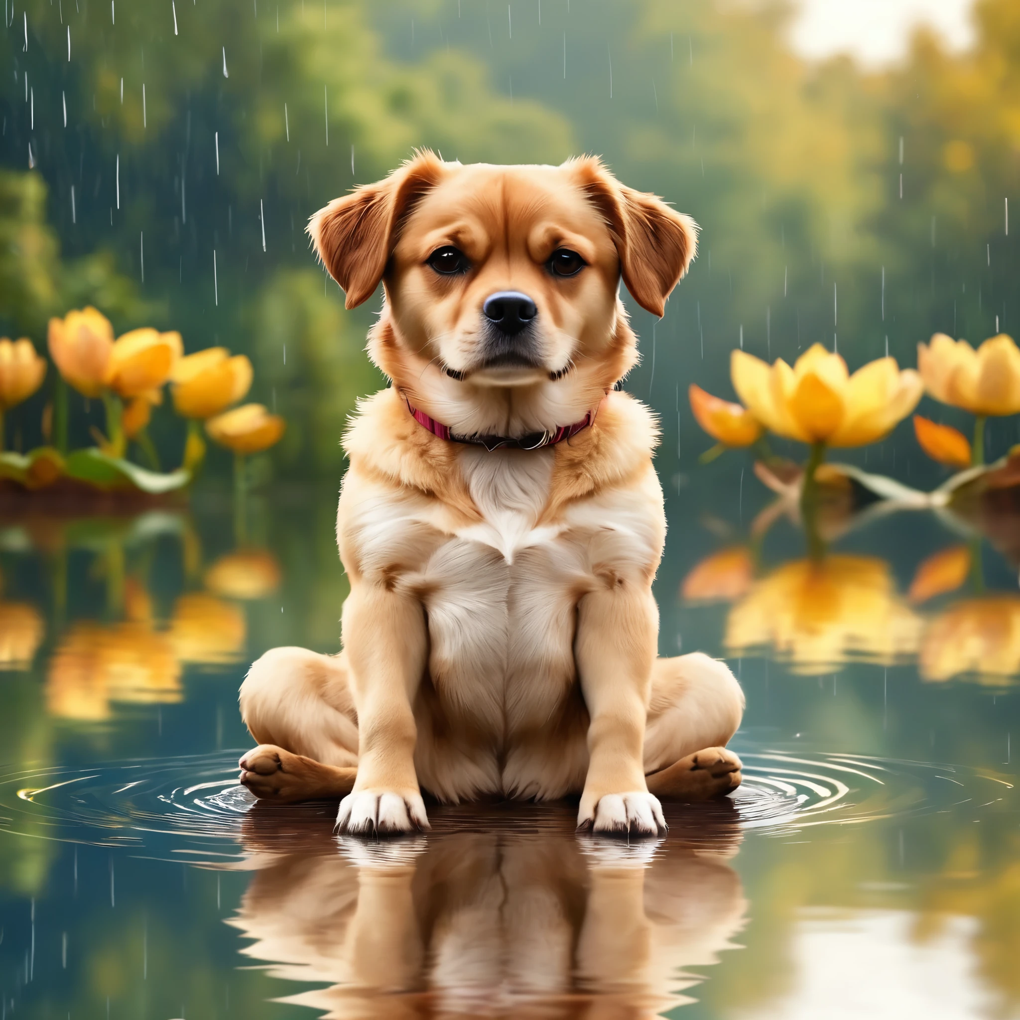 1dog,anatomically correct,lotus pose,cute,on the water,reflection,raining,Background blur,fullbody
