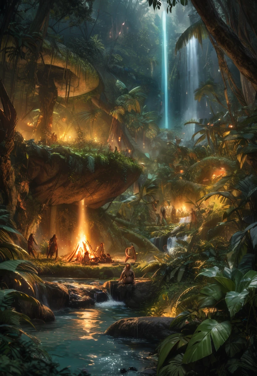 (best quality,4k,highres:1.2),ultra-detailed,realistic:1.37,lone female traveler,adventure,jungle,night,small camp,camp fire,all around dark,dozens of shining eyes of wild animals,dense foliage,night creatures,scattered moonlight,excitement,serenity,distant animal calls,vibrant foliage,ancient trees,overgrown vines,lush vegetation,mysterious glow,majestic waterfall,hidden treasures,exploration,adrenaline rush,peaceful solitude,undiscovered paths,intrepid explorer,mystical aura,whispers of the unknown,sparkling starry sky,calmness of nature,unfamiliar trails,enchanted atmosphere,nighttime exploration,wonder and awe,primitive beauty,unpredictable encounters,jungle symphony,nature's secret wonders,wilderness adventure,uncertain steps,üfilled anticipation