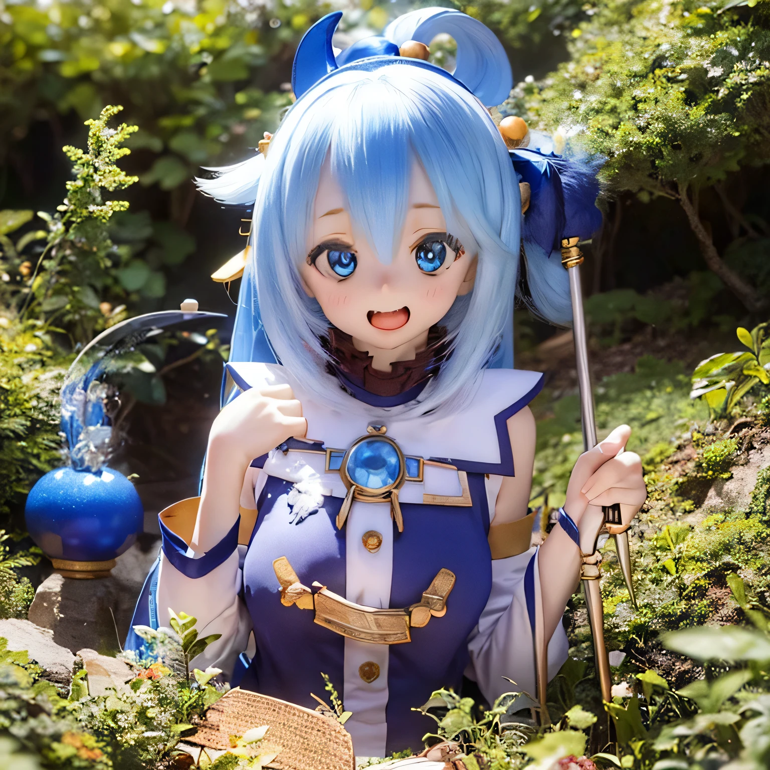 (a young girl and) Blue Hair, (wear) a white and blue dress, (Holding) staff, (standing) Lush, Vibrant Garden, (and) colorful and colorful flowers (flowering) Around her, (Down) Clear blue sky.
(Portraiture) Girl&#39;s, (Realistic) rendering, (and) (Very detailed) Features, (inclusive) Sparkling blue eyes, (rose color) lips, and (length) eyelash.
(highest quality, 4K, High resolution) image, (and) (vivid) color, (Emphasis expressed) Girl&#39;s and lively appearance.
(the garden is filled and) sunlight, (Done) a warm and inviting atmosphere, (and) kind (Sun rays) Light up the scene.villain pose
have a magic wand (((open your mouth and laugh)))