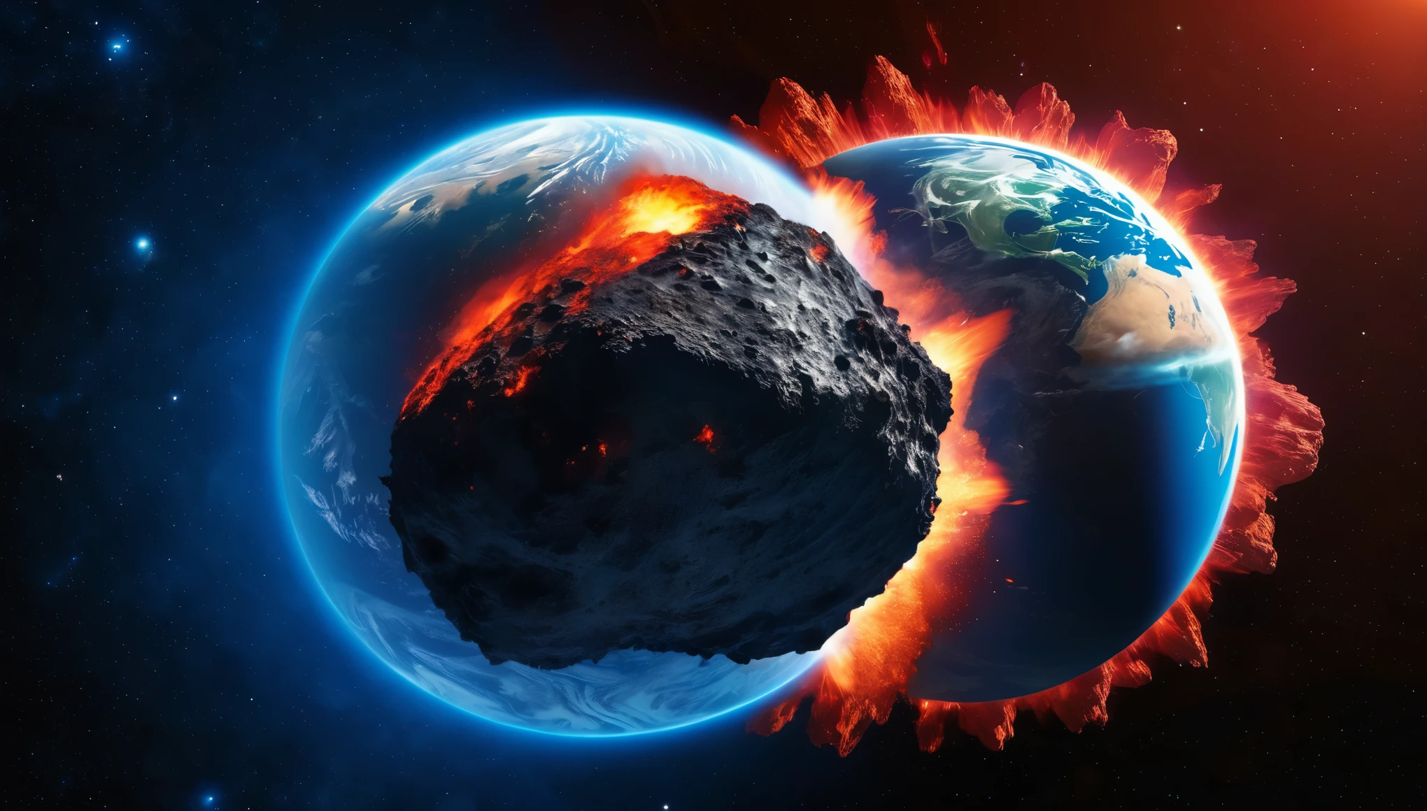 Huge burning asteroid, Close-up, next to the round planet earth, smaller in size. background,starry blue sky, red sparks