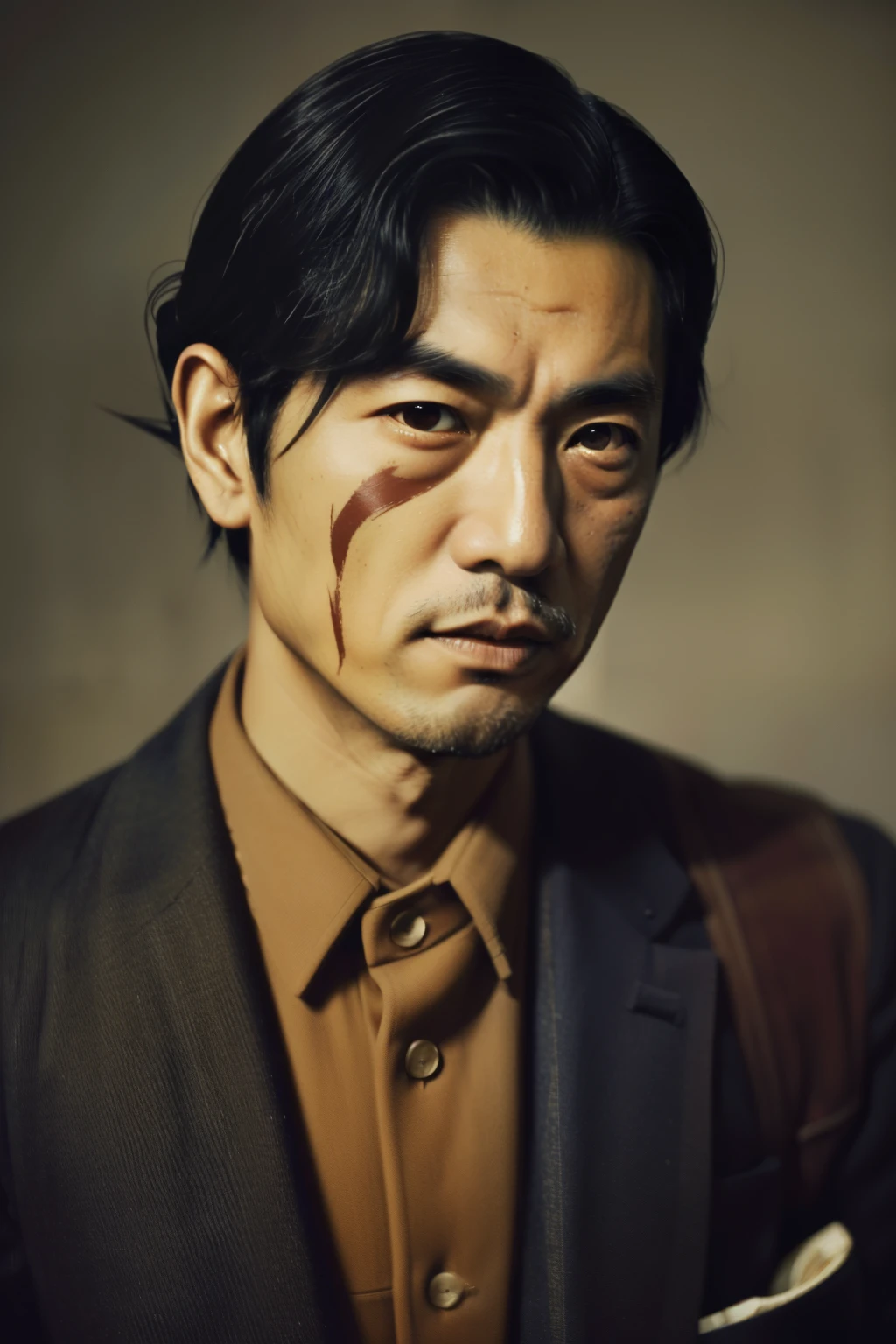 Japan, 1934. ((((42-year-old)) Nobu Toshikazu)), rugged appearance, intelligent, strong, scar across his face, ((((bussinessman clothings from the 1930s)))), ((hairstyle of the 1930s)), color