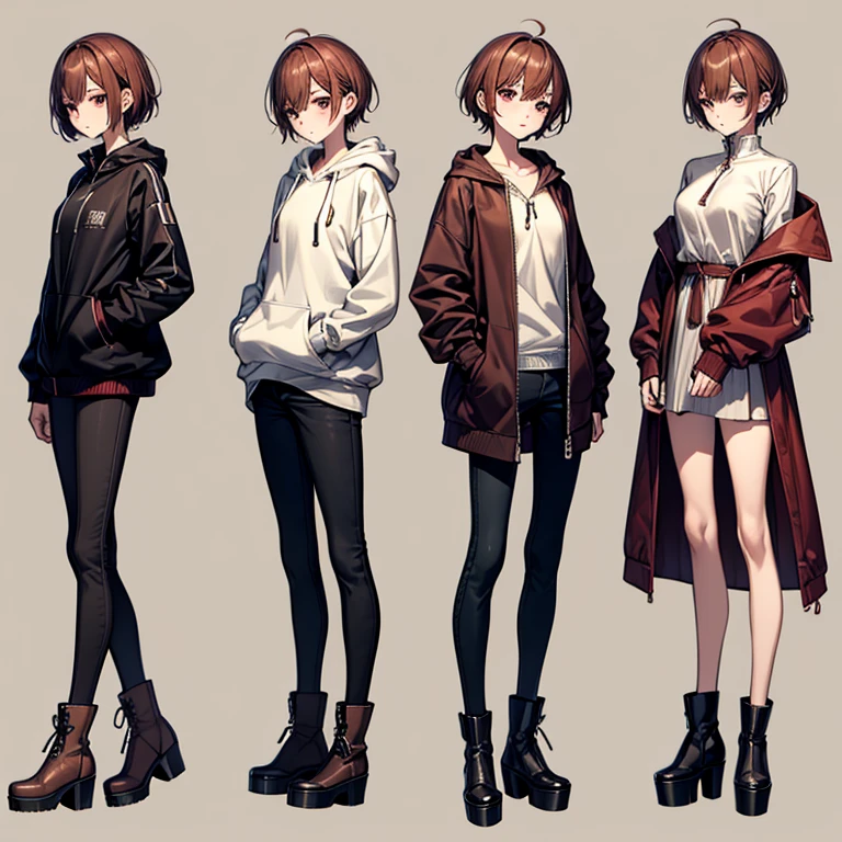 masterpiece、Subtle details、Slender beauty、Put on the hood、slim、Small breasts、Sharp eyes、younger sister、Pixie Cut、Short nape、Oversized zip-up jacket（hoodie）、Tight skinny pants、Platform boots、Reddish brown hair、